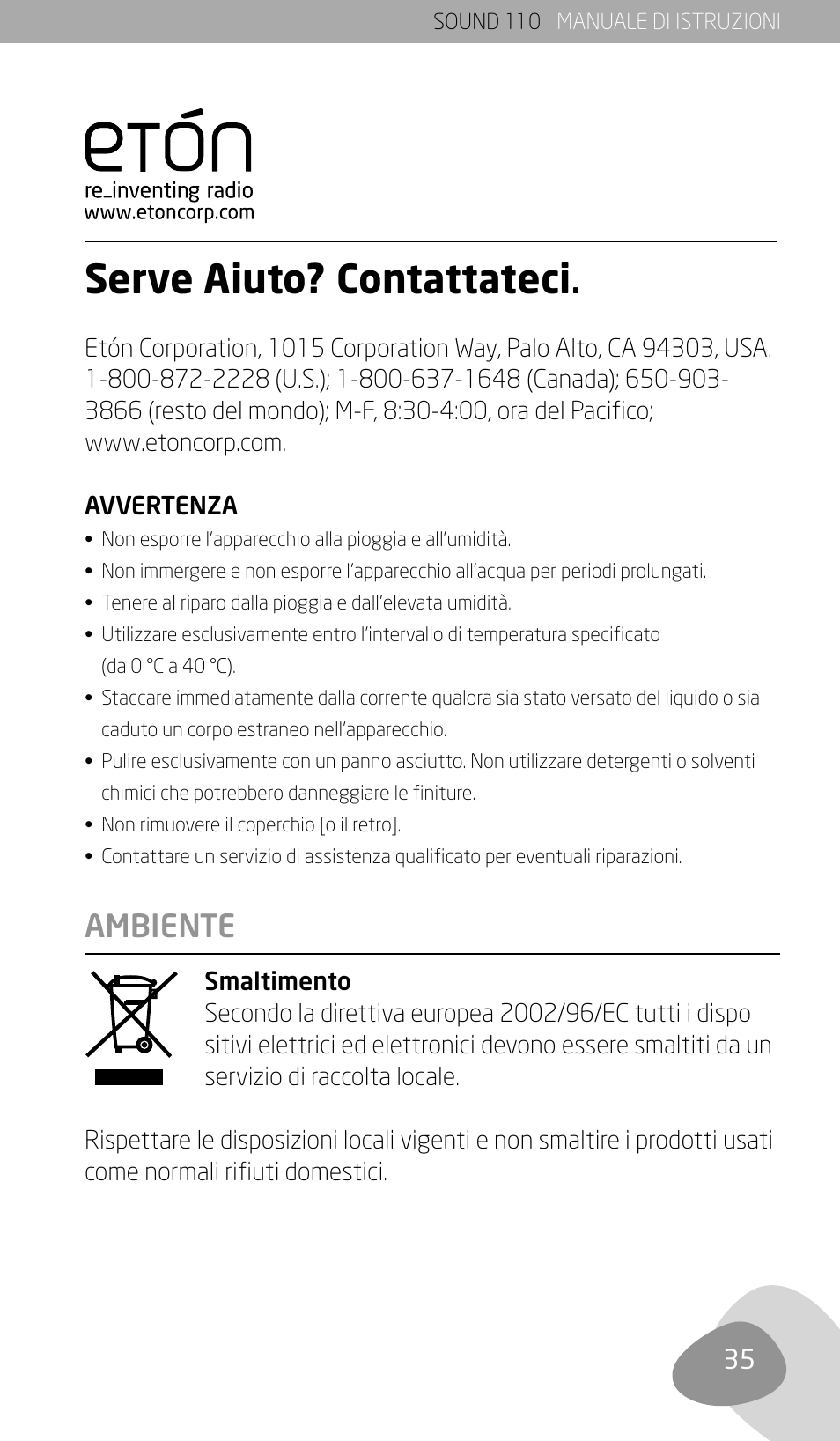 Serve aiuto? contattateci, Ambiente | Eton SOUND 110 User Manual | Page 37 / 60