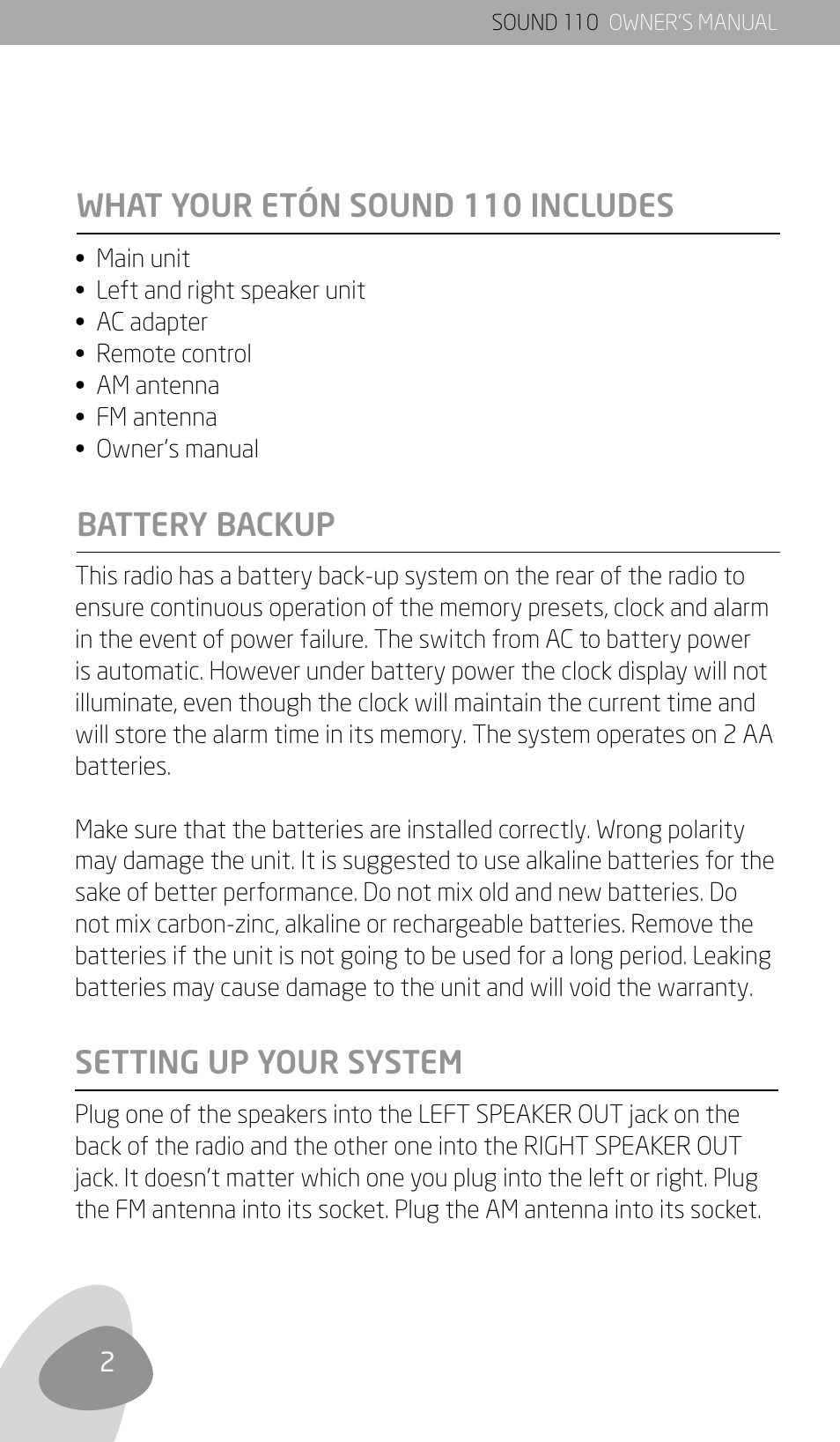 Battery backup setting up your system, What your etón sound 110 includes | Eton SOUND 110 User Manual | Page 4 / 60