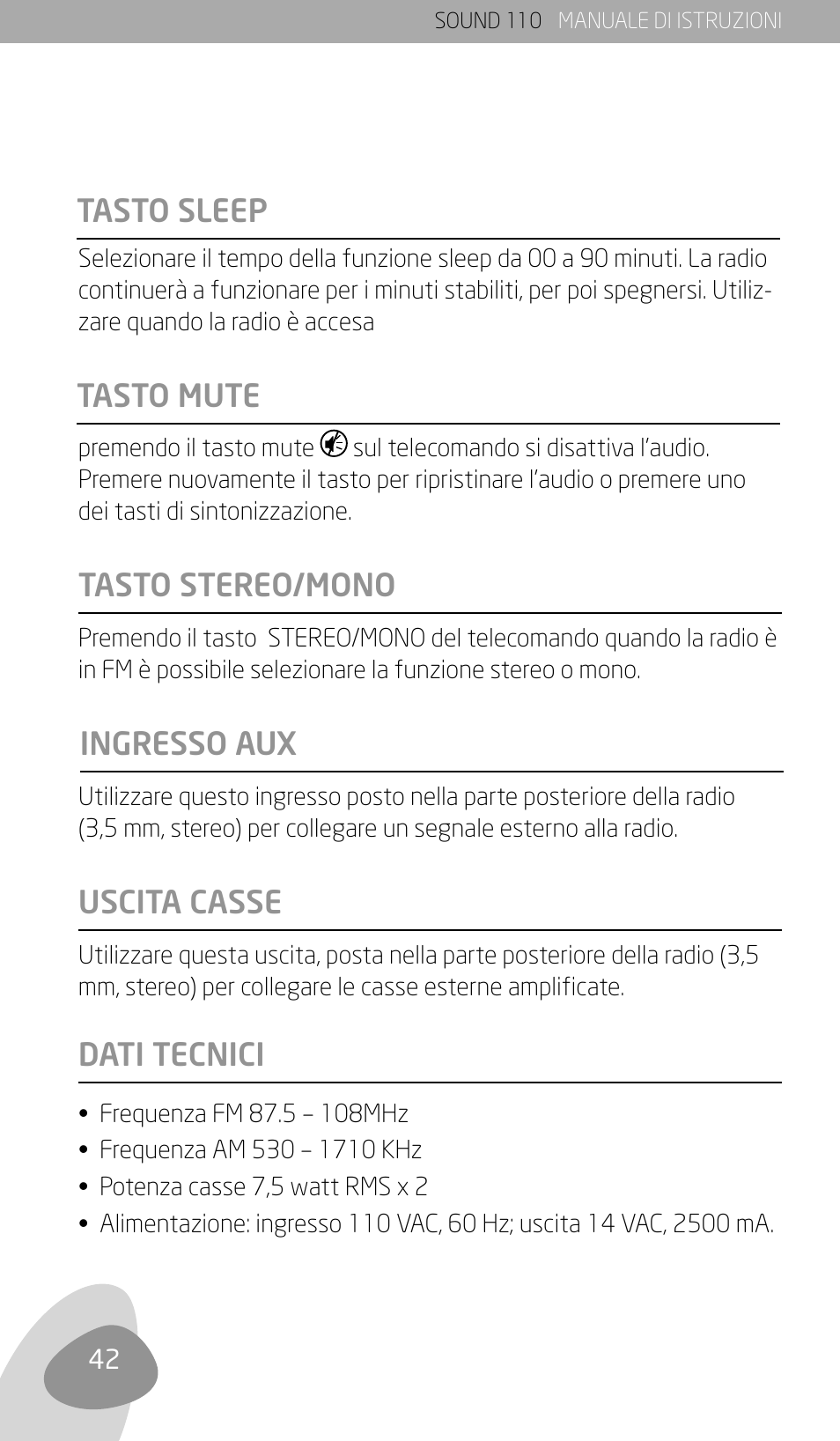 Tasto stereo/mono dati tecnici, Ingresso aux uscita casse tasto sleep tasto mute | Eton SOUND 110 User Manual | Page 44 / 60