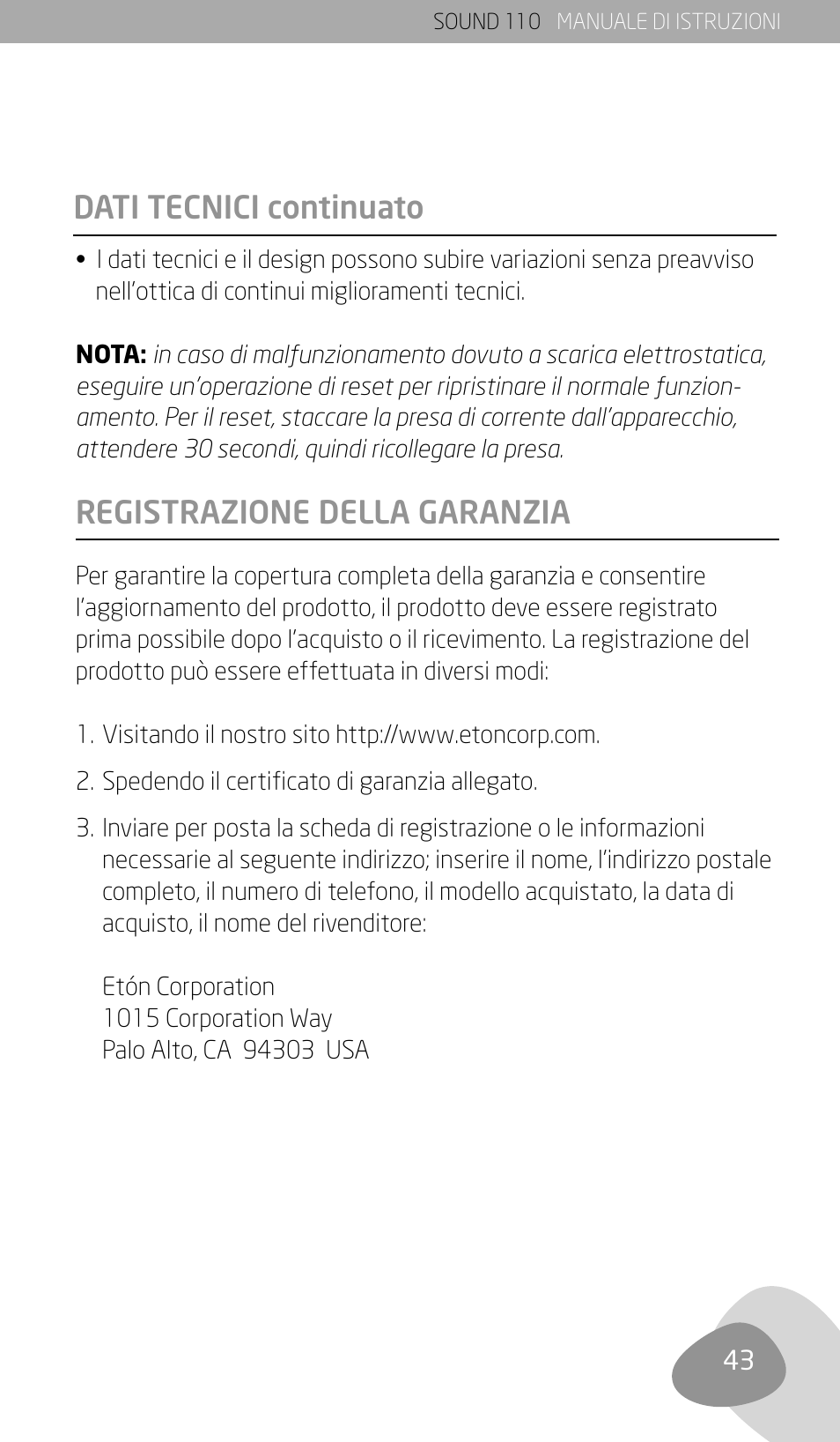 Registrazione della garanzia, Dati tecnici continuato | Eton SOUND 110 User Manual | Page 45 / 60