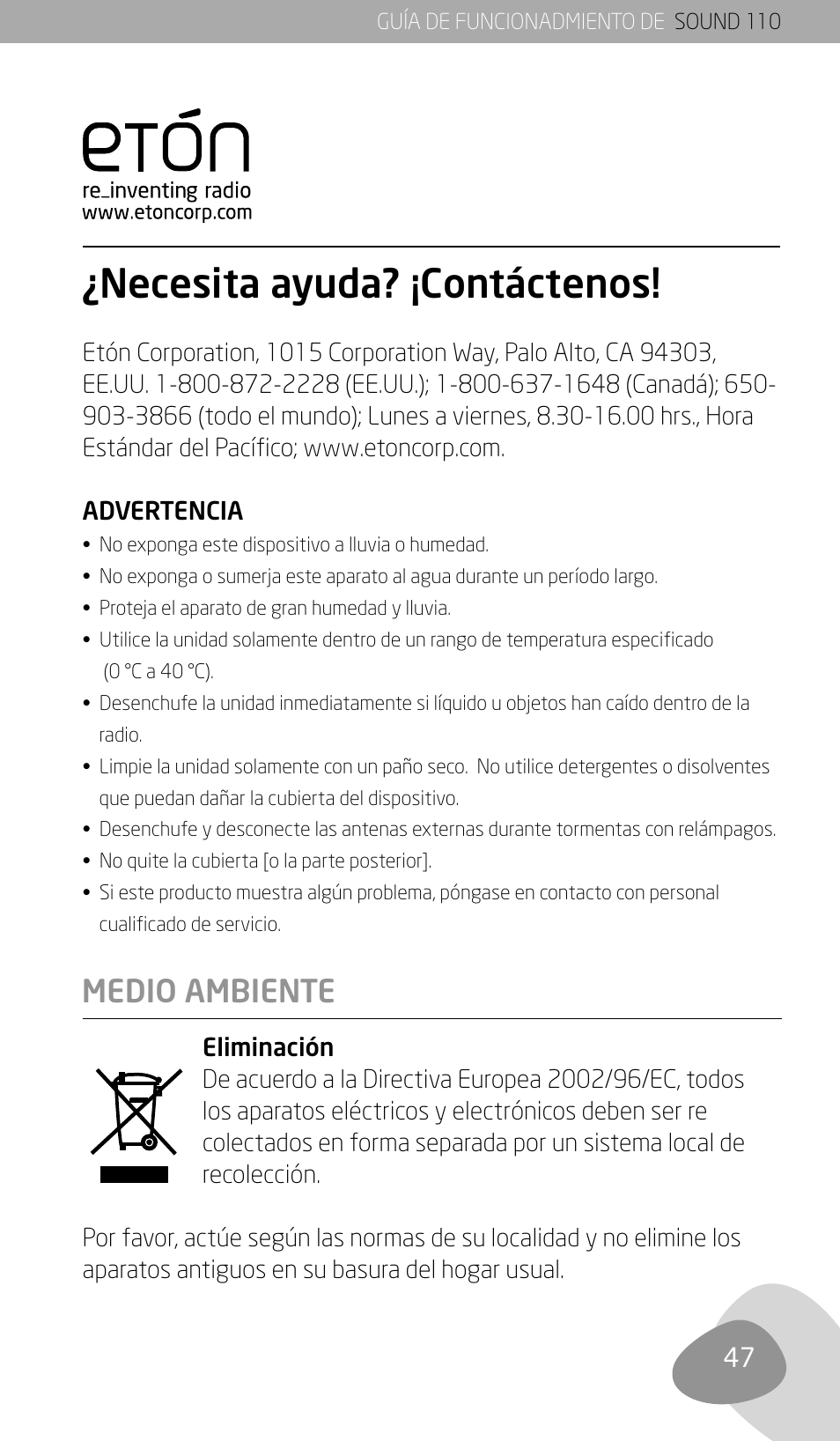 Necesita ayuda? ¡contáctenos, Medio ambiente | Eton SOUND 110 User Manual | Page 49 / 60