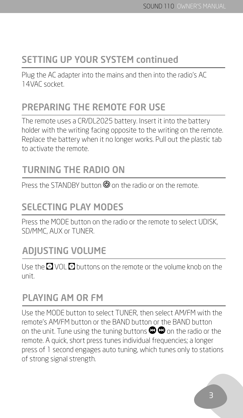 Preparing the remote for use | Eton SOUND 110 User Manual | Page 5 / 60