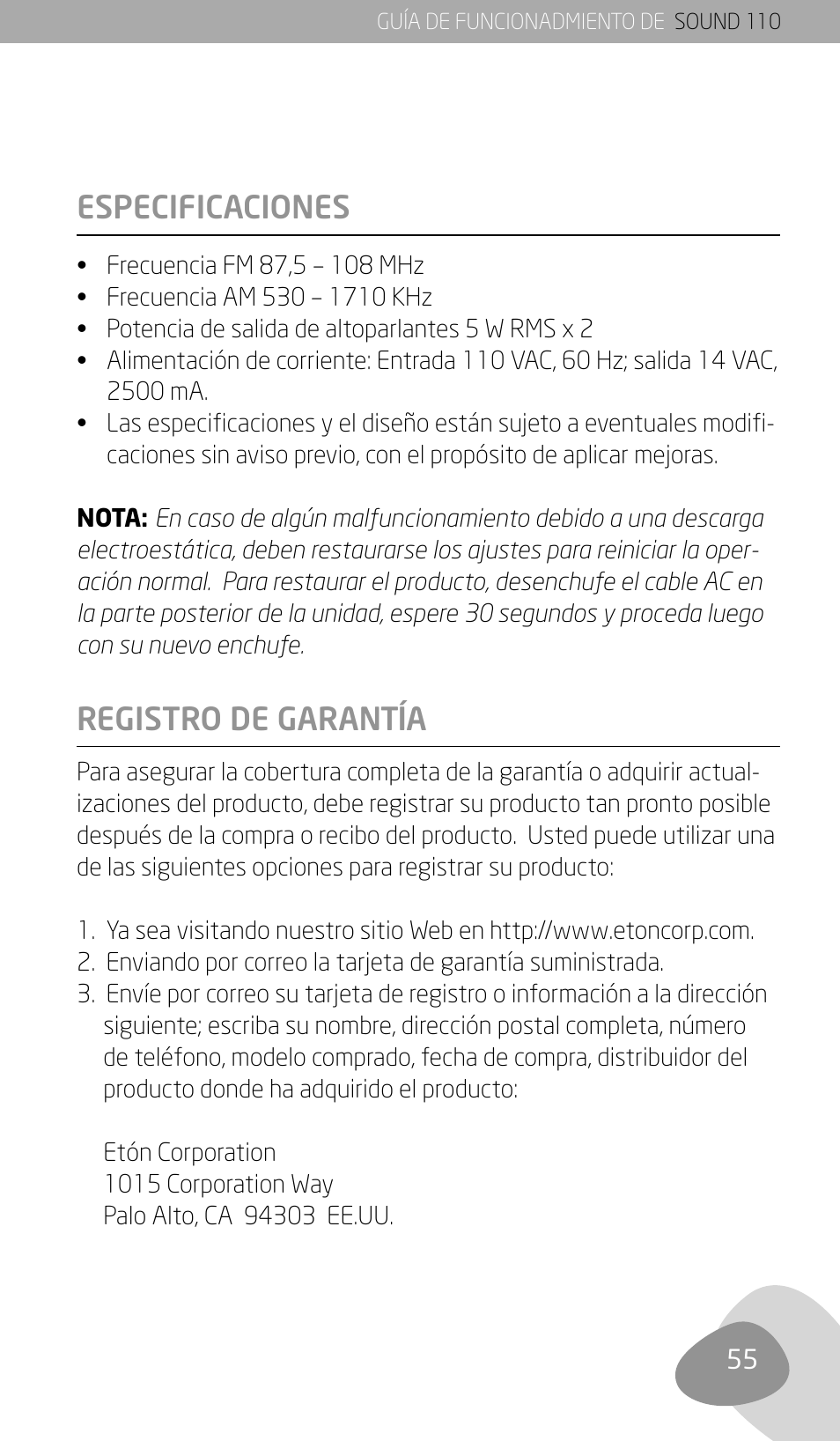 Especificaciones, Registro de garantía | Eton SOUND 110 User Manual | Page 57 / 60