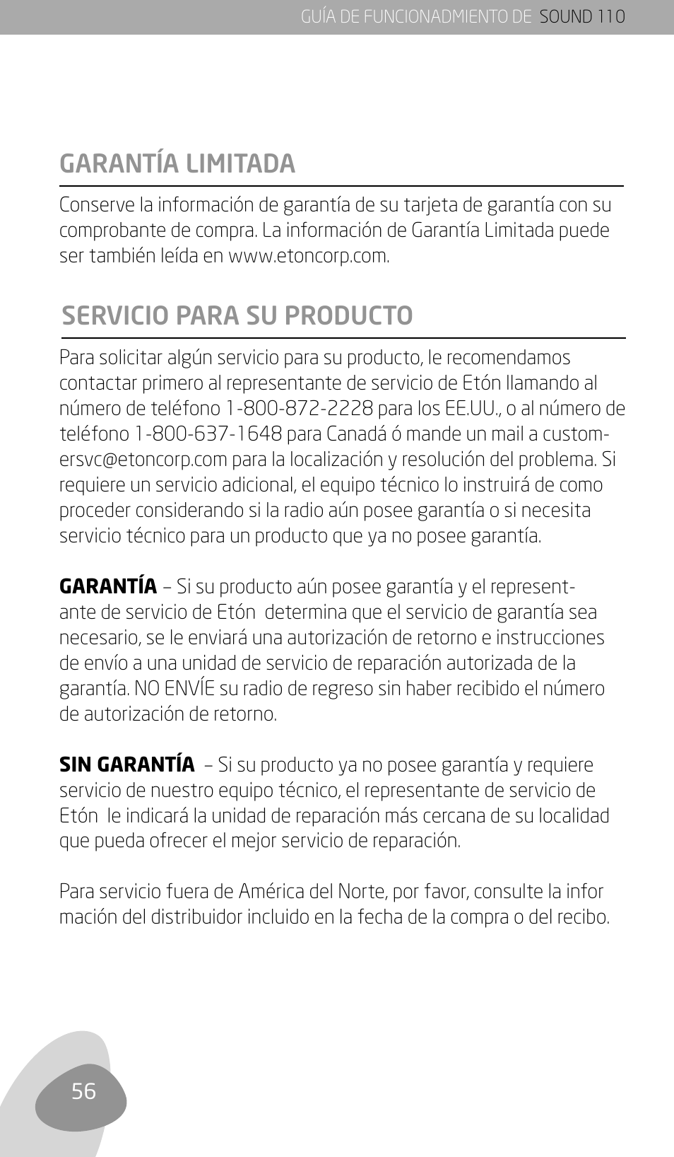 Servicio para su producto garantía limitada | Eton SOUND 110 User Manual | Page 58 / 60