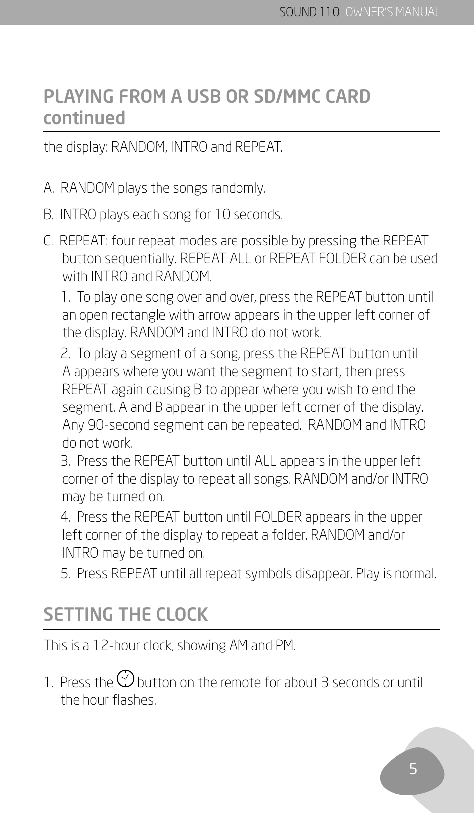 Playing from a usb or sd/mmc card continued, Setting the clock | Eton SOUND 110 User Manual | Page 7 / 60