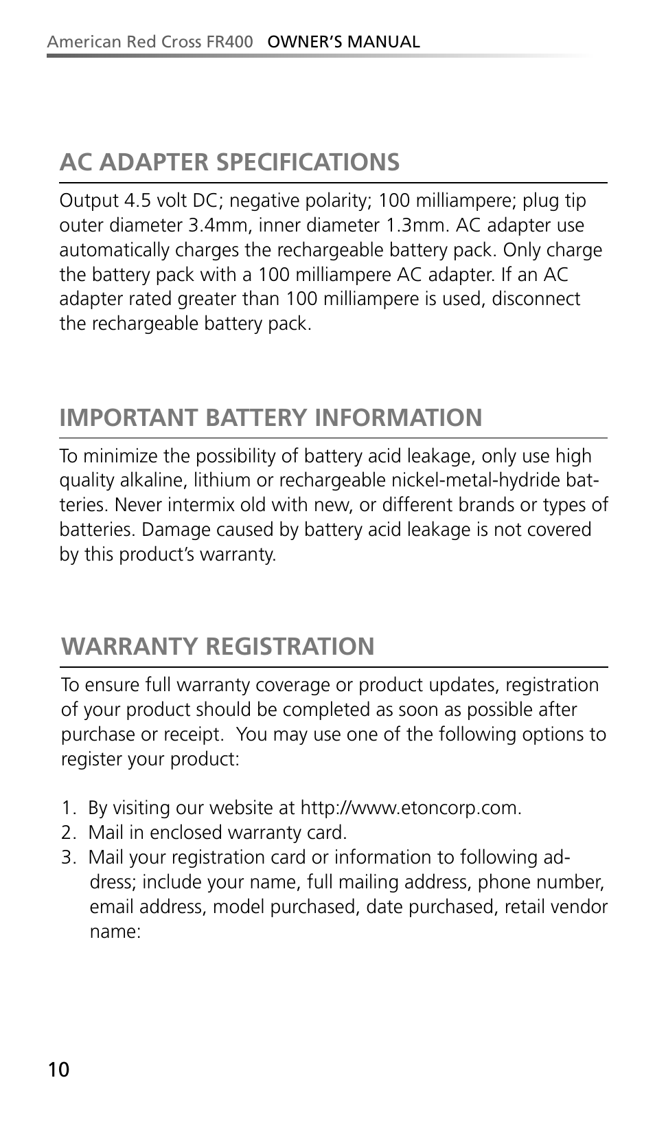 Important battery information, Warranty registration, Ac adapter specifications | Eton AMERIACAN RED CROSS FR400 User Manual | Page 10 / 26