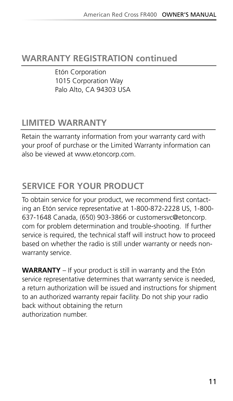 Limited warranty, Service for your product, Warranty registration continued | Eton AMERIACAN RED CROSS FR400 User Manual | Page 11 / 26