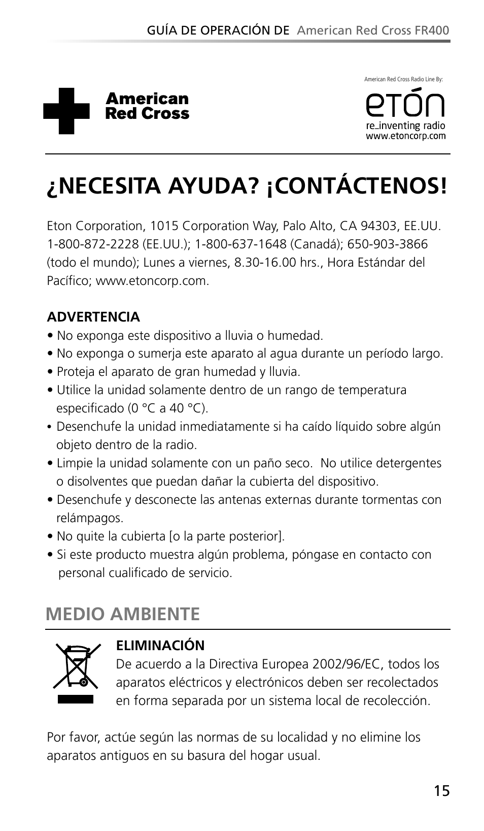 Necesita ayuda? ¡contáctenos, Medio ambiente | Eton AMERIACAN RED CROSS FR400 User Manual | Page 15 / 26