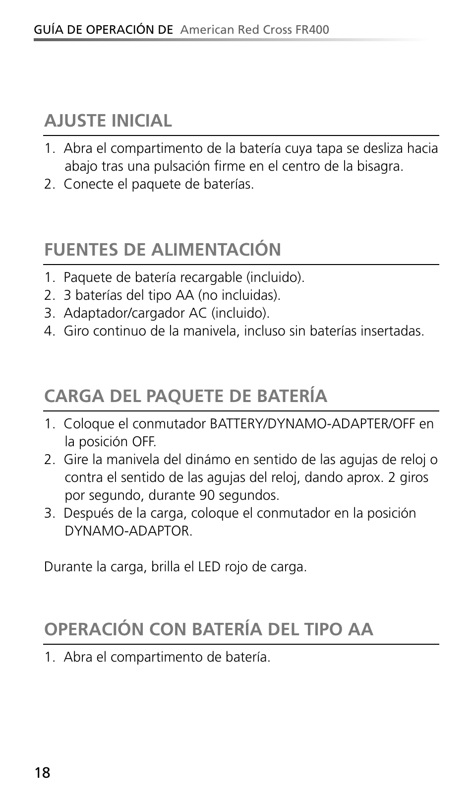 Ajuste inicial, Fuentes de alimentación, Carga del paquete de batería | Operación con batería del tipo aa | Eton AMERIACAN RED CROSS FR400 User Manual | Page 18 / 26