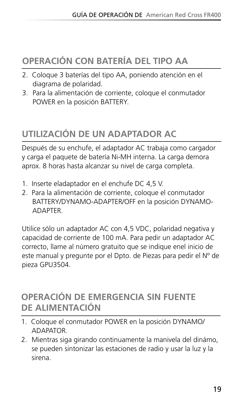 Utilización de un adaptador ac, Operación de emergencia sin fuente de alimentación, Operación con batería del tipo aa | Eton AMERIACAN RED CROSS FR400 User Manual | Page 19 / 26