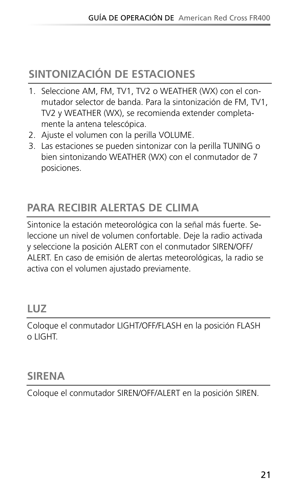 Para recibir alertas de clima, Sintonización de estaciones, Sirena | Eton AMERIACAN RED CROSS FR400 User Manual | Page 21 / 26