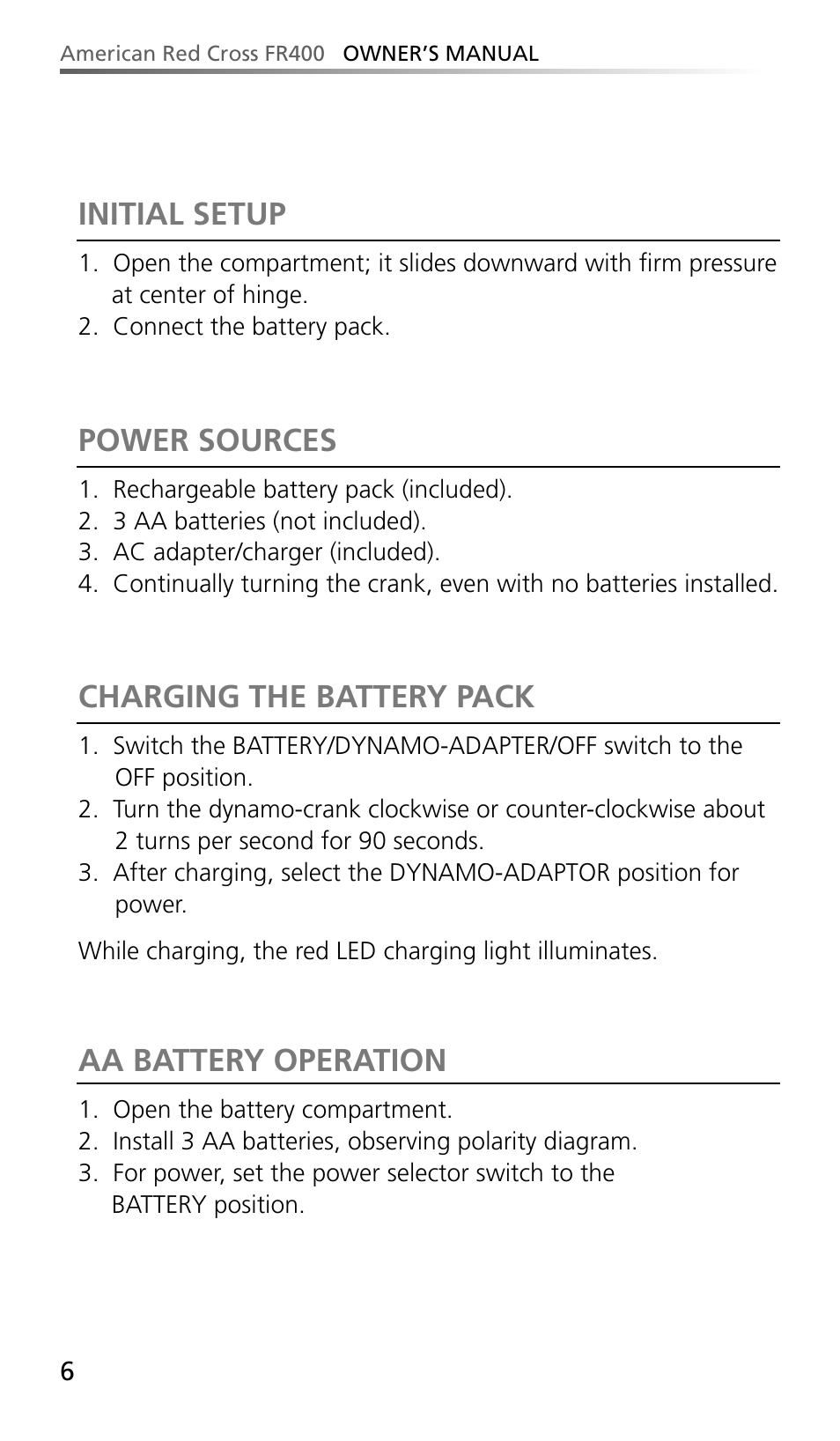 Initial setup, Power sources, Charging the battery pack | Aa battery operation | Eton AMERIACAN RED CROSS FR400 User Manual | Page 6 / 26