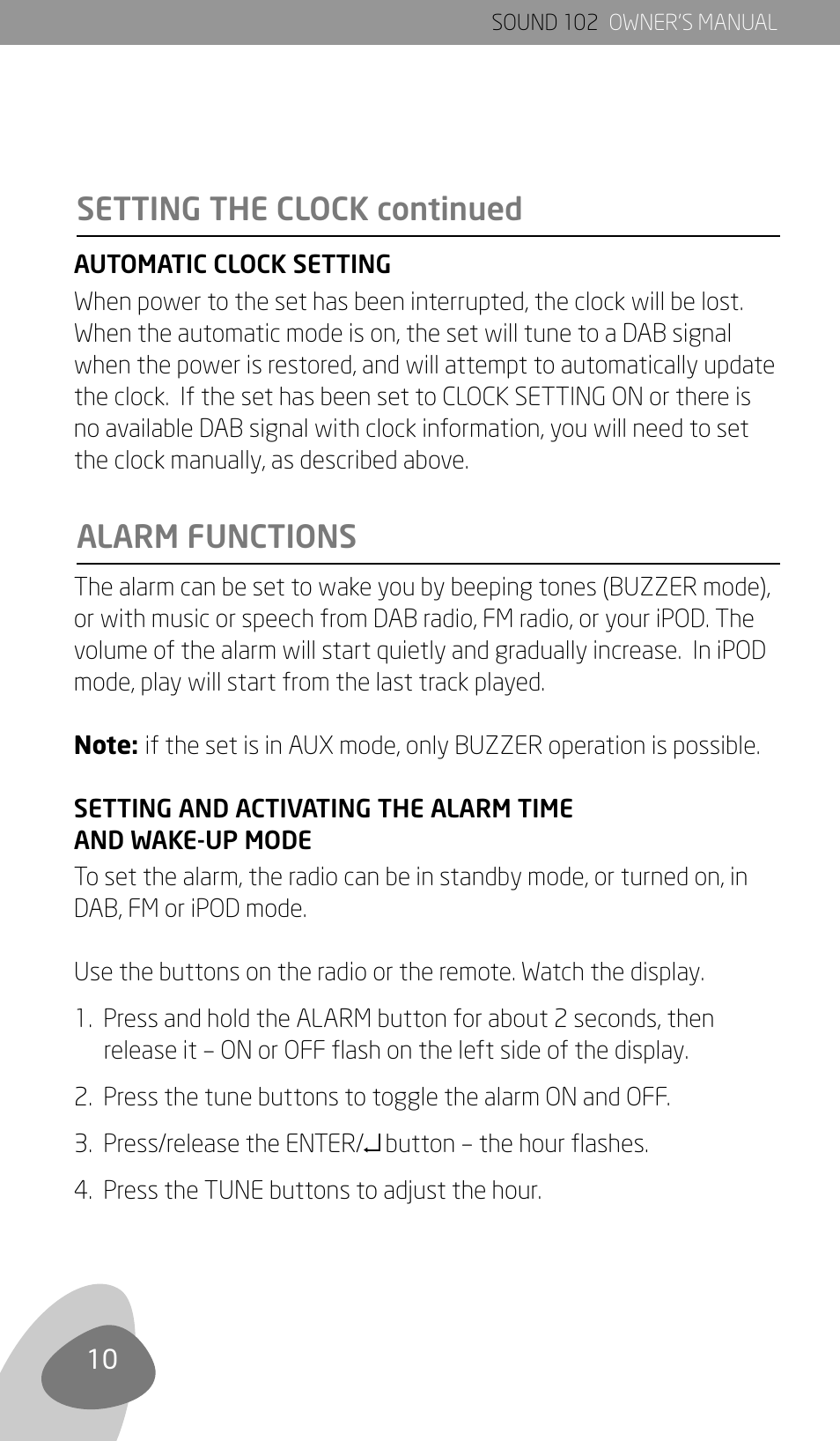 Setting the clock continued alarm functions | Eton Sound 102 User Manual | Page 12 / 82