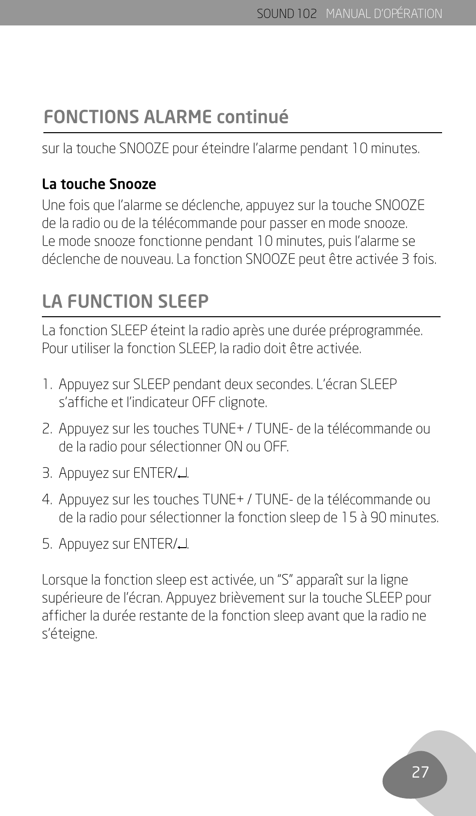 Fonctions alarme continué la function sleep | Eton Sound 102 User Manual | Page 29 / 82