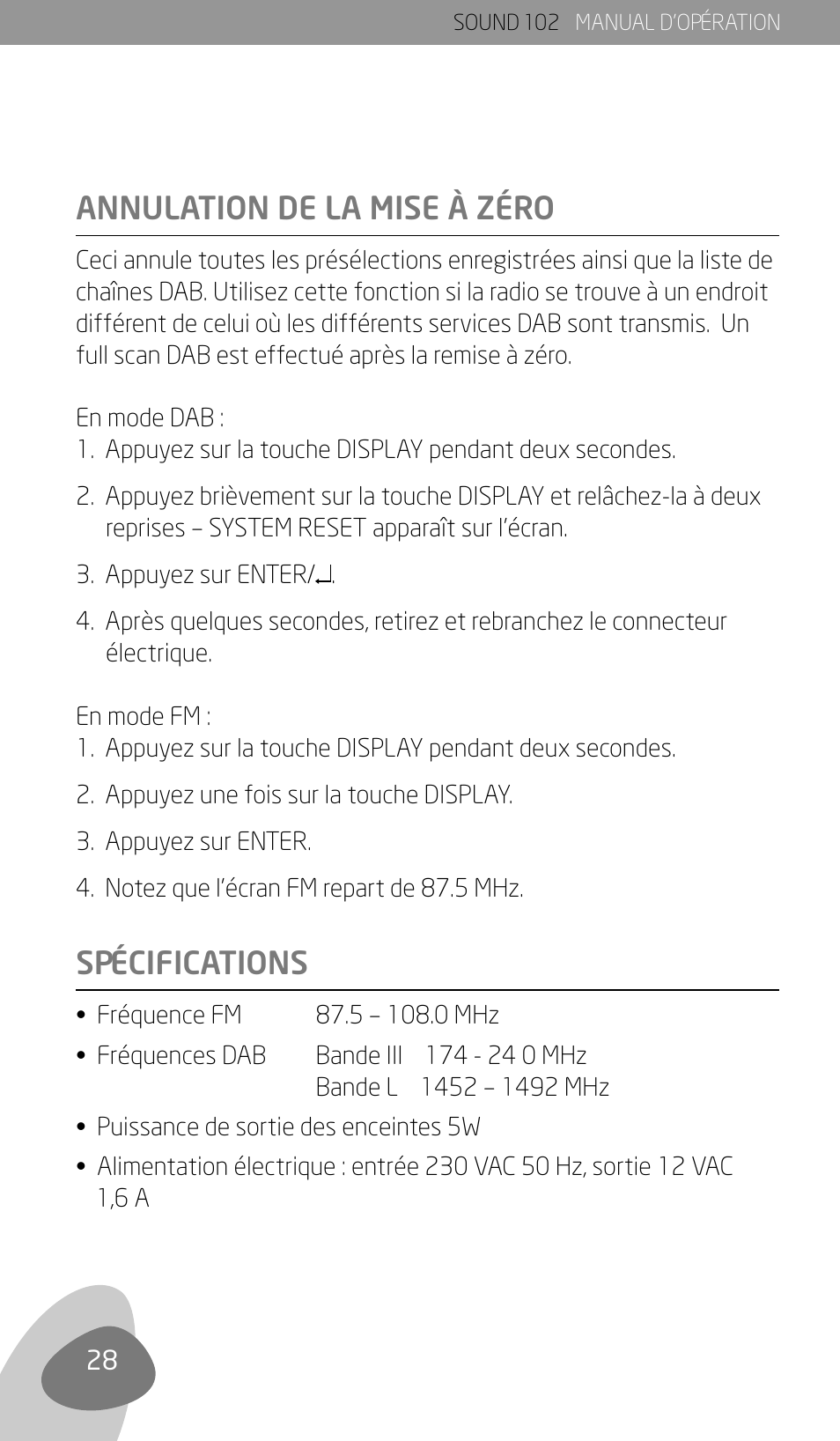 Annulation de la mise à zéro spécifications | Eton Sound 102 User Manual | Page 30 / 82