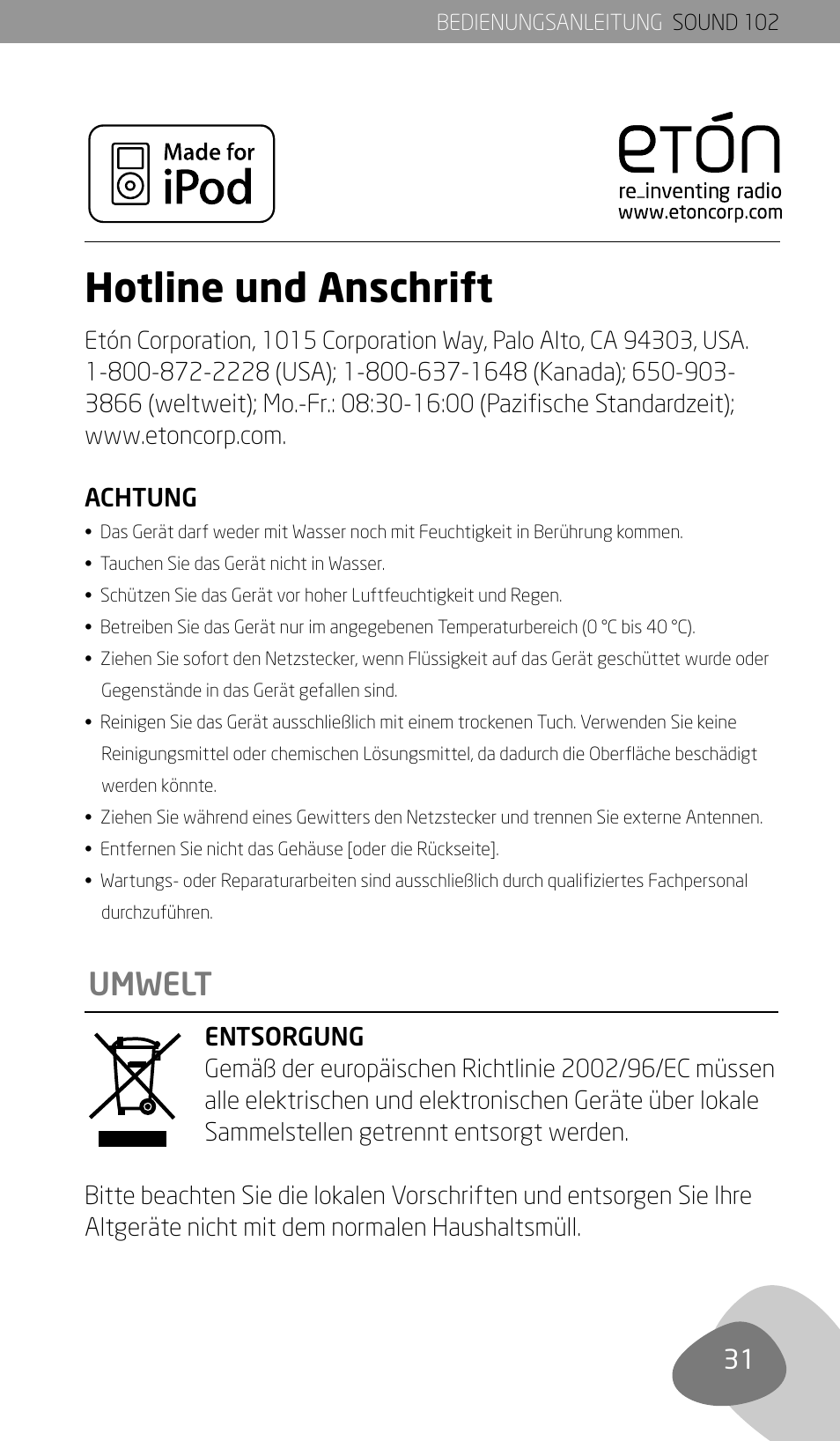 Hotline und anschrift, Umwelt | Eton Sound 102 User Manual | Page 33 / 82