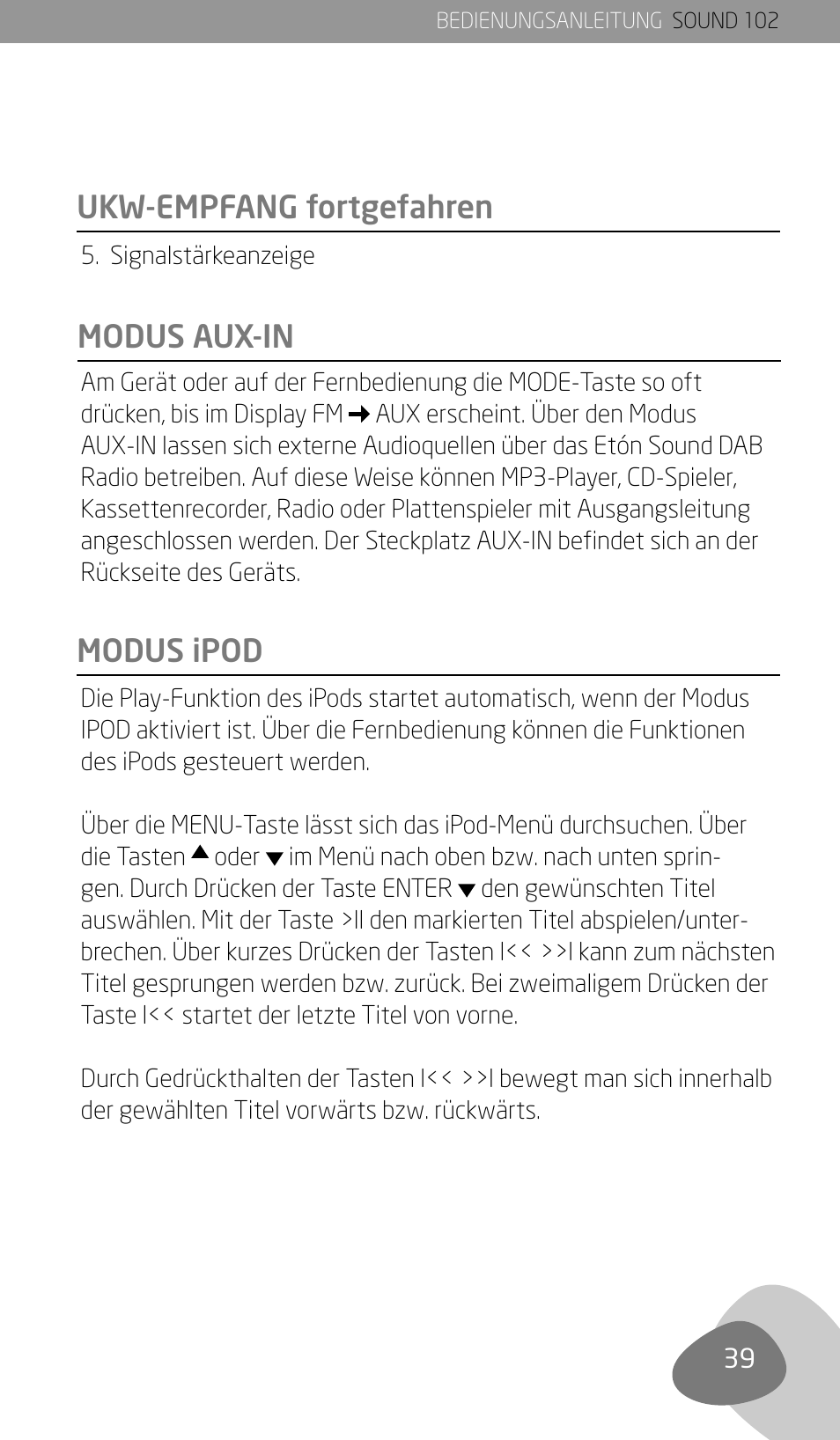 Ukw-empfang fortgefahren modus aux-in modus ipod | Eton Sound 102 User Manual | Page 41 / 82