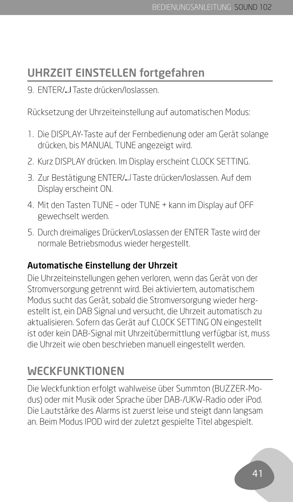 Uhrzeit einstellen fortgefahren weckfunktionen | Eton Sound 102 User Manual | Page 43 / 82