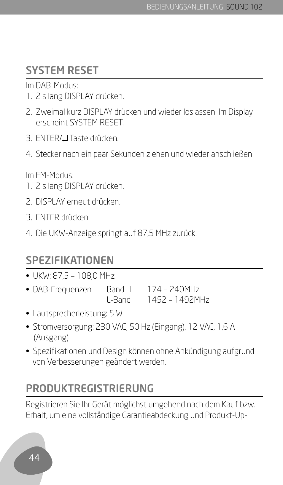 System reset, Spezifikationen produktregistrierung | Eton Sound 102 User Manual | Page 46 / 82