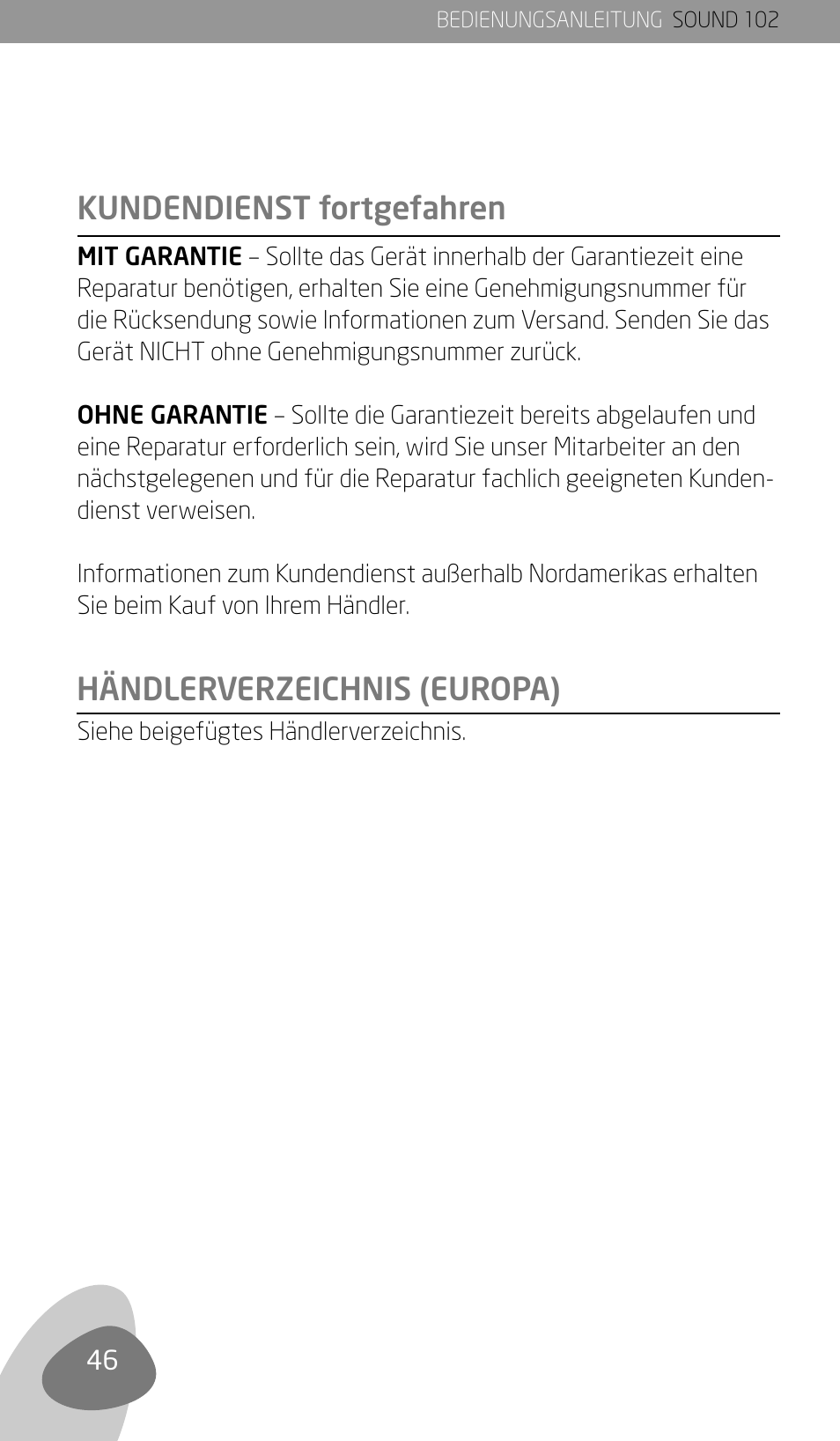 Händlerverzeichnis (europa), Kundendienst fortgefahren | Eton Sound 102 User Manual | Page 48 / 82