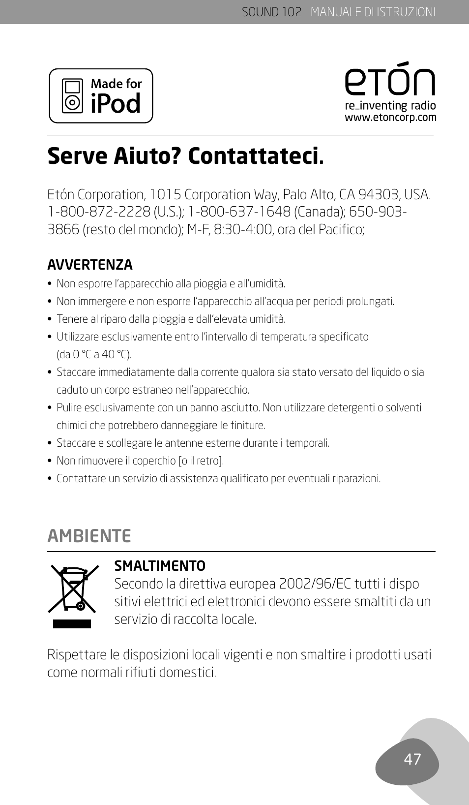 Serve aiuto? contattateci, Ambiente | Eton Sound 102 User Manual | Page 49 / 82