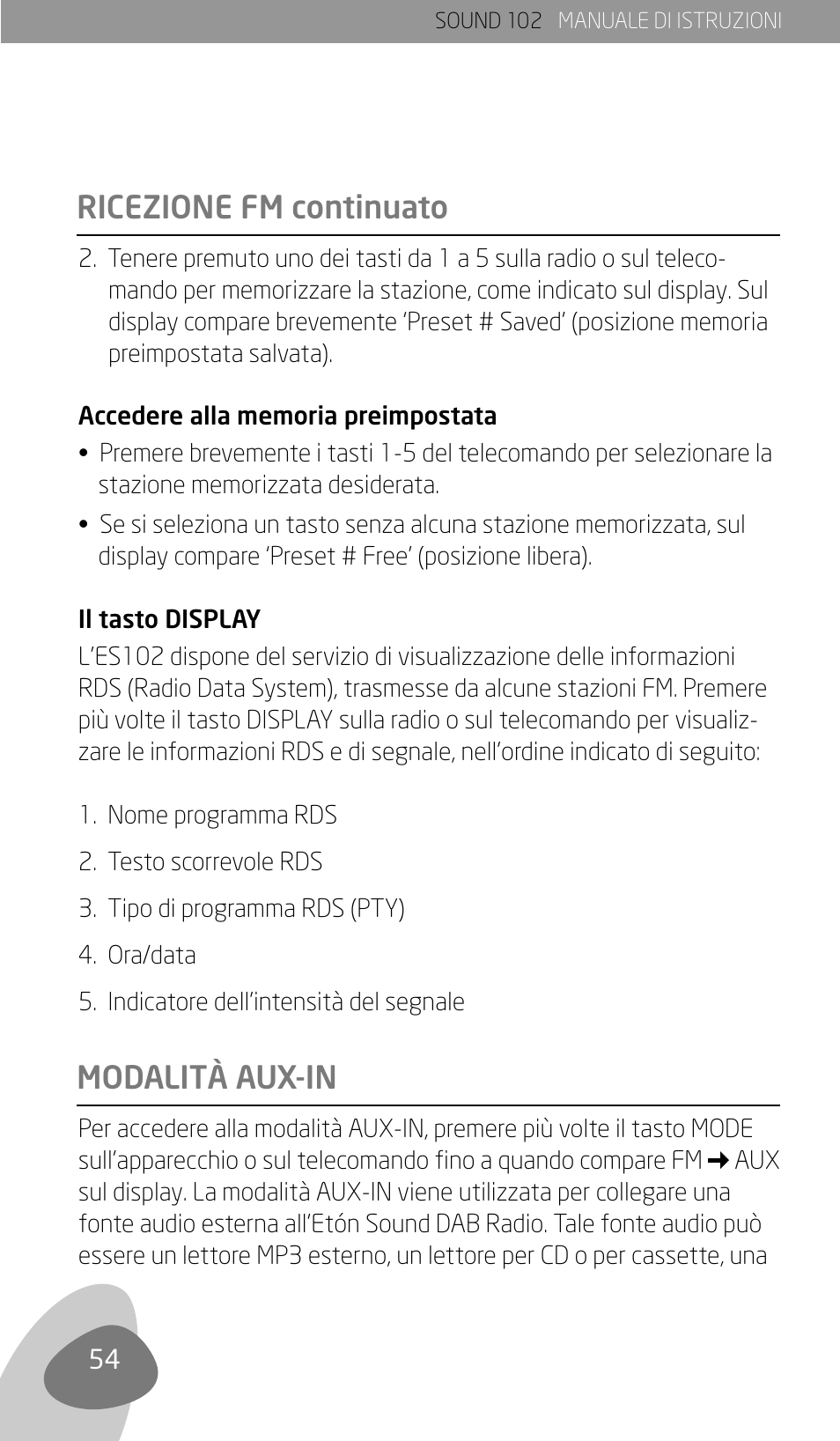 Ricezione fm continuato modalità aux-in | Eton Sound 102 User Manual | Page 56 / 82