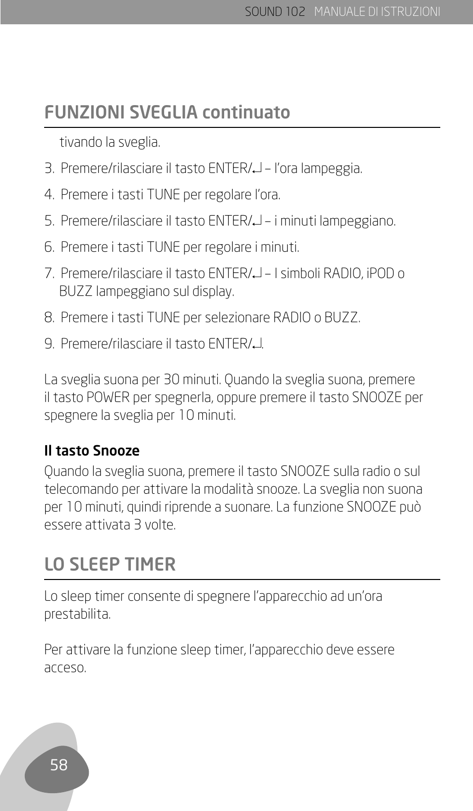 Funzioni sveglia continuato lo sleep timer | Eton Sound 102 User Manual | Page 60 / 82