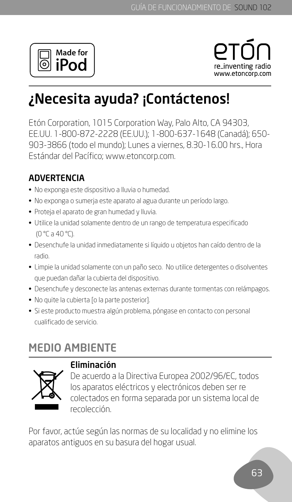 Necesita ayuda? ¡contáctenos, Medio ambiente | Eton Sound 102 User Manual | Page 65 / 82