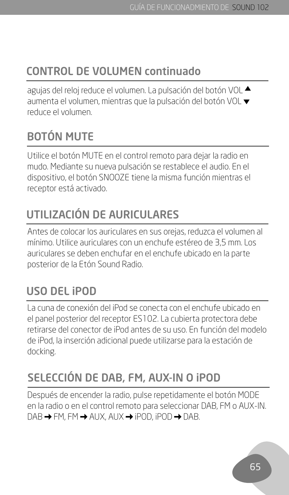 Utilización de auriculares uso del ipod, Selección de dab, fm, aux-in o ipod, Control de volumen continuado botón mute | Eton Sound 102 User Manual | Page 67 / 82