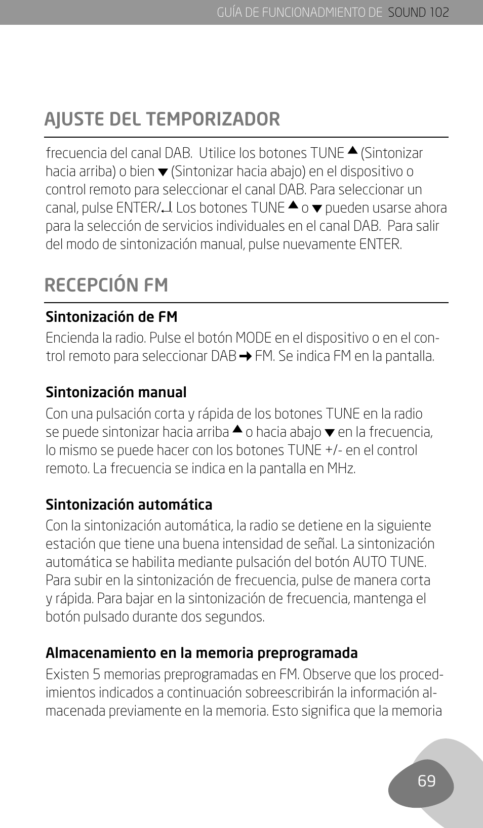 Recepción fm ajuste del temporizador | Eton Sound 102 User Manual | Page 71 / 82