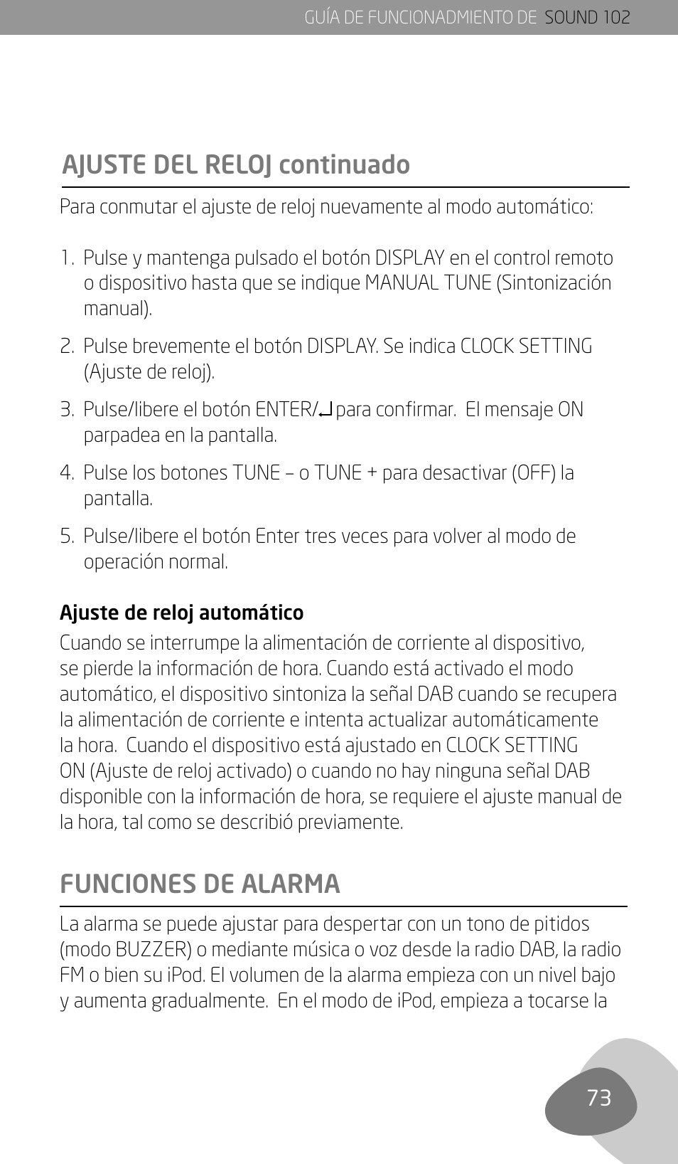 Ajuste del reloj continuado funciones de alarma | Eton Sound 102 User Manual | Page 75 / 82