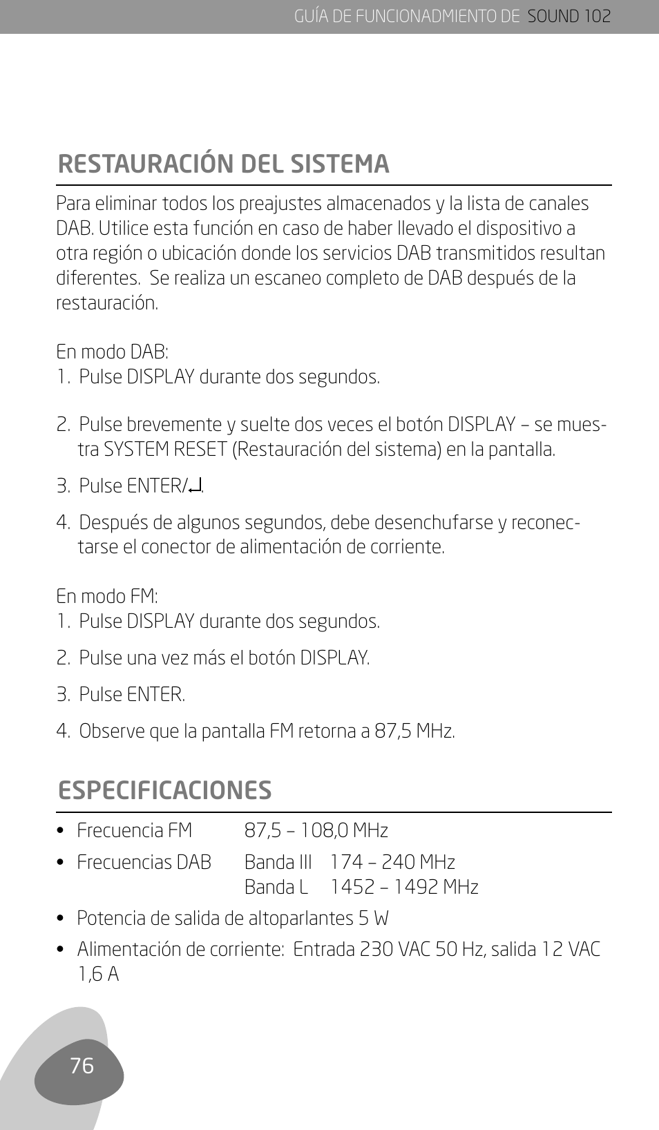 Restauración del sistema especificaciones | Eton Sound 102 User Manual | Page 78 / 82