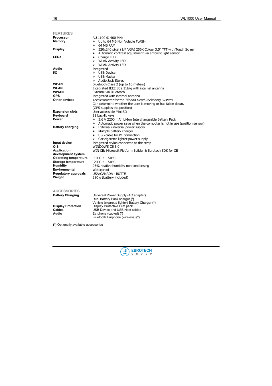 Features, Accessories | Eurotech Appliances WL1000 User Manual | Page 16 / 49