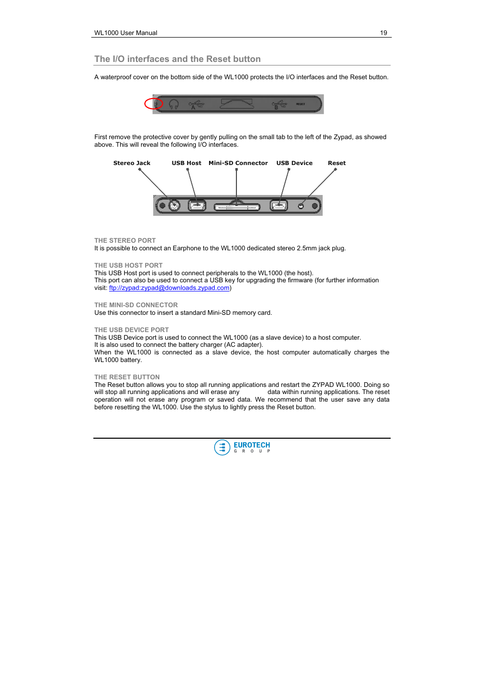 The i/o interfaces and the reset button, The stereo port, The usb host port | The mini-sd connector, The usb device port, The reset button | Eurotech Appliances WL1000 User Manual | Page 19 / 49