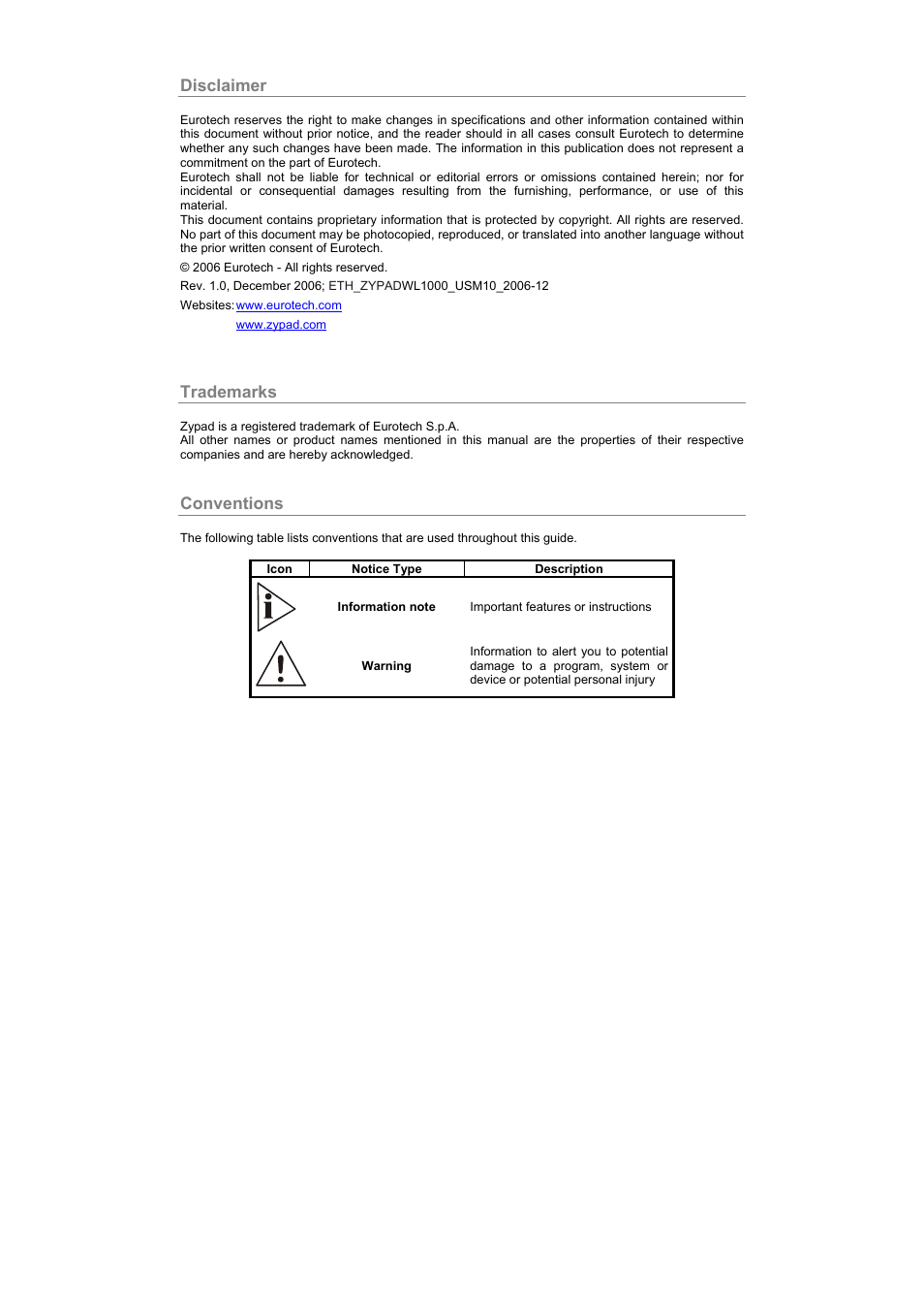 Disclaimer, Trademarks, Conventions | Eurotech Appliances WL1000 User Manual | Page 2 / 49