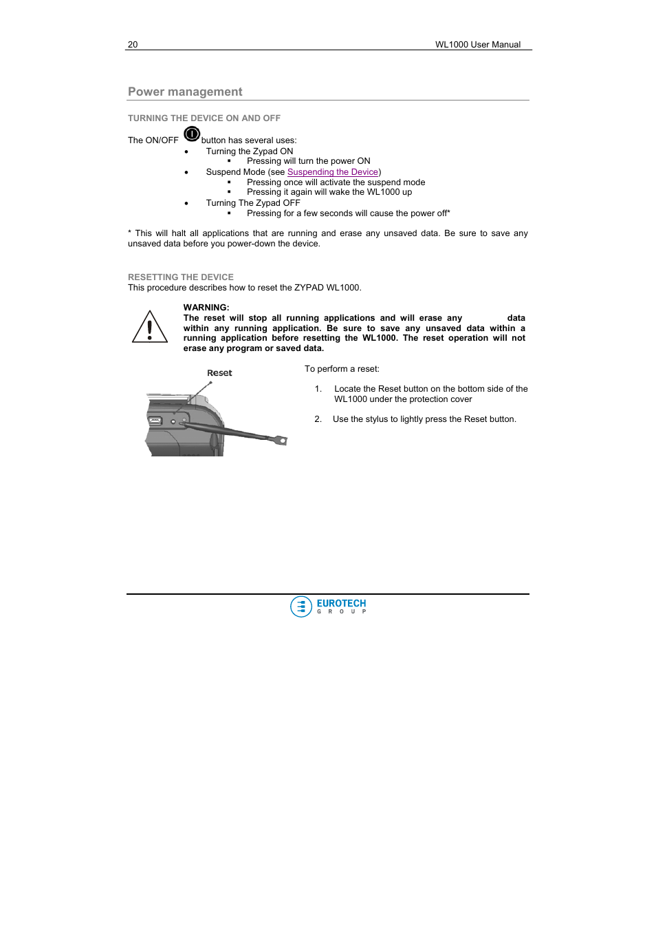 Power management, Turning the device on and off, Resetting the device | Eurotech Appliances WL1000 User Manual | Page 20 / 49