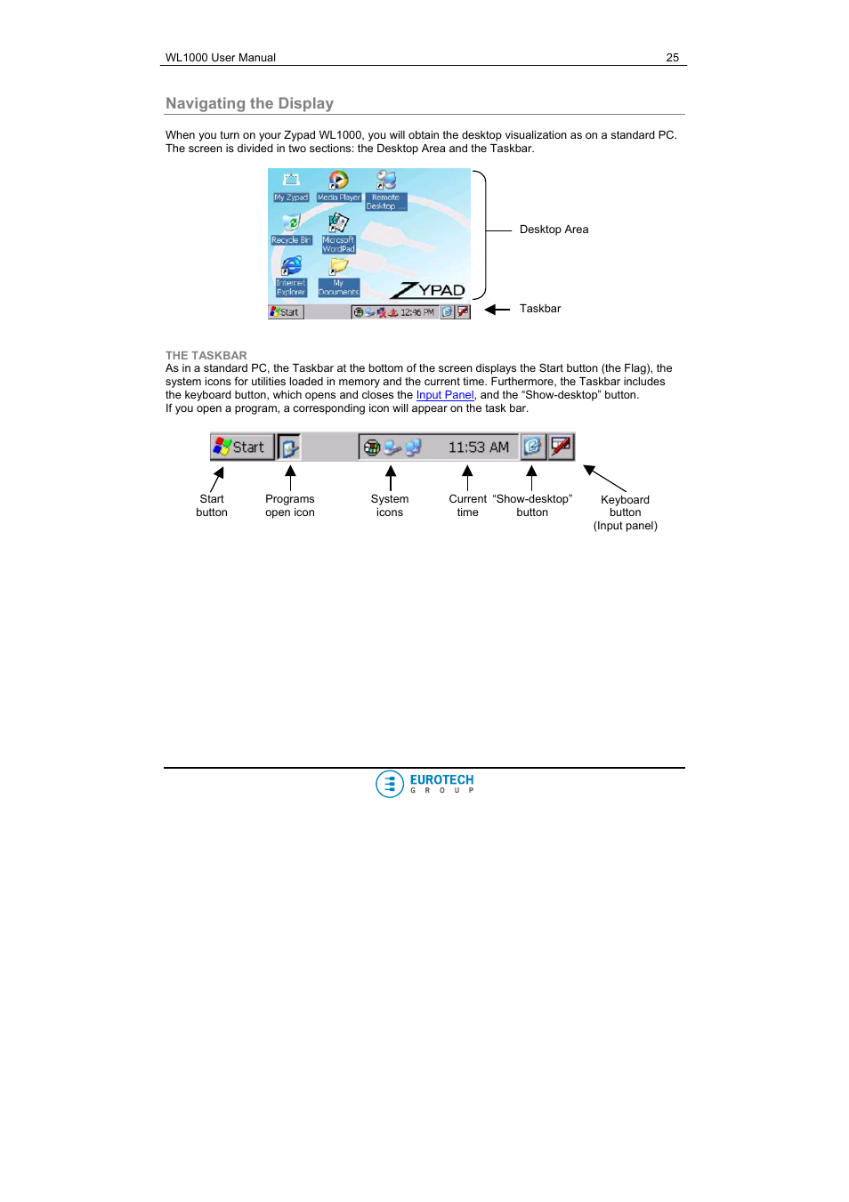 Navigating the display, The taskbar | Eurotech Appliances WL1000 User Manual | Page 25 / 49