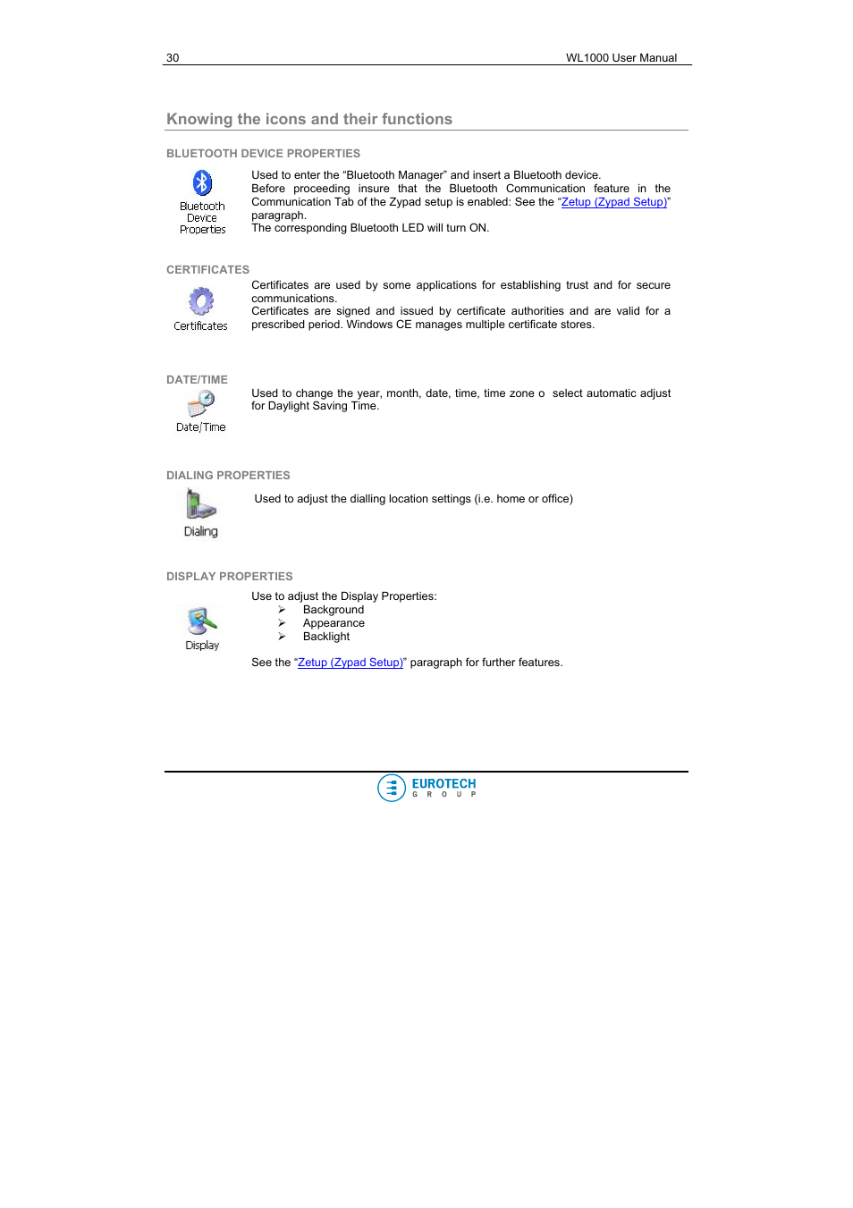 Knowing the icons and their functions, Bluetooth device properties, Certificates | Date/time, Dialing properties, Display properties | Eurotech Appliances WL1000 User Manual | Page 30 / 49