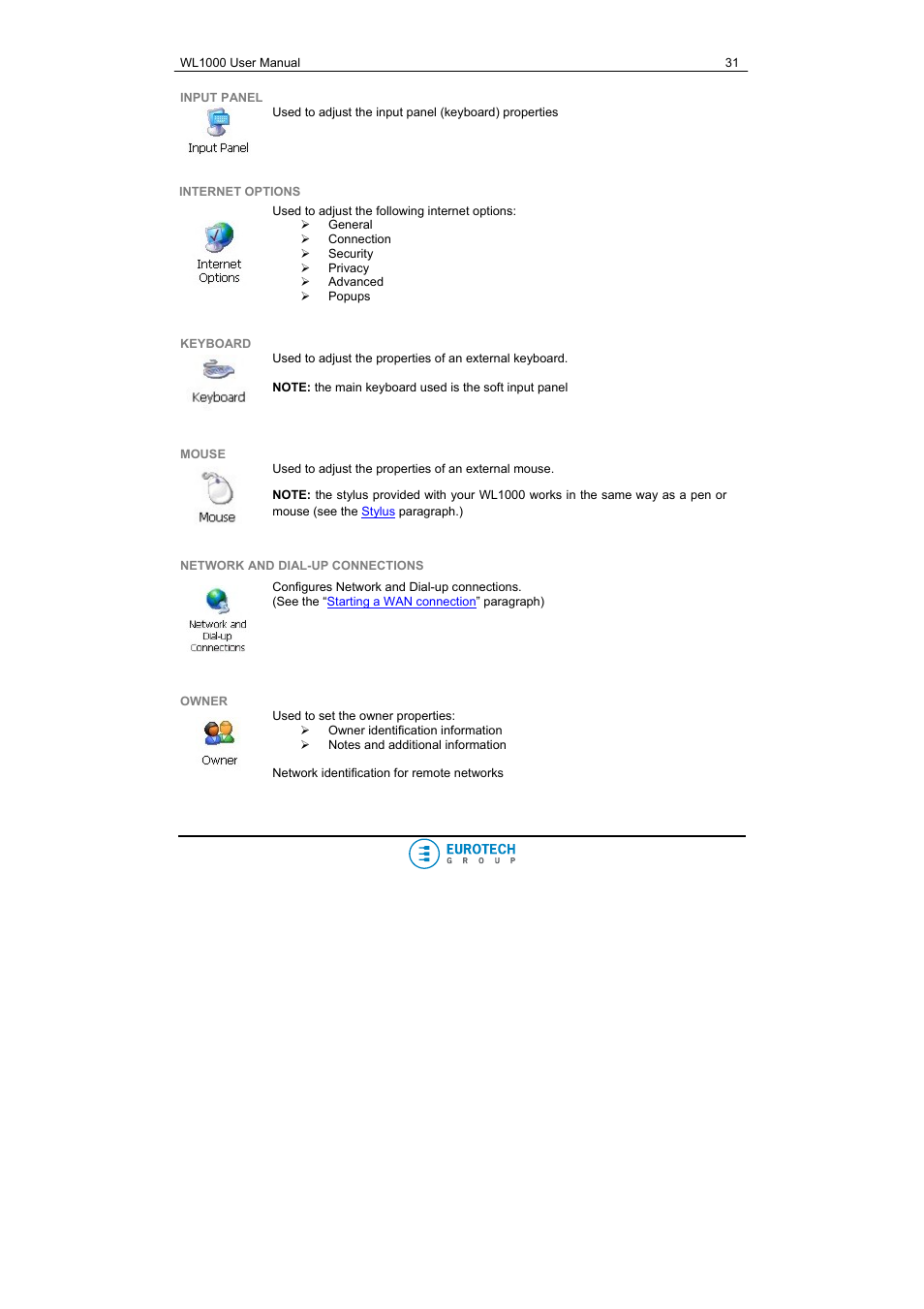 Input panel, Internet options, Keyboard | Mouse, Network and dial-up connections, Owner | Eurotech Appliances WL1000 User Manual | Page 31 / 49