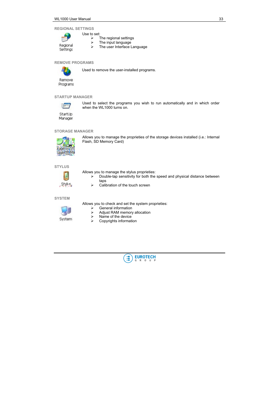 Regional settings, Remove programs, Startup manager | Storage manager, Stylus, System, Mouse (see the | Eurotech Appliances WL1000 User Manual | Page 33 / 49