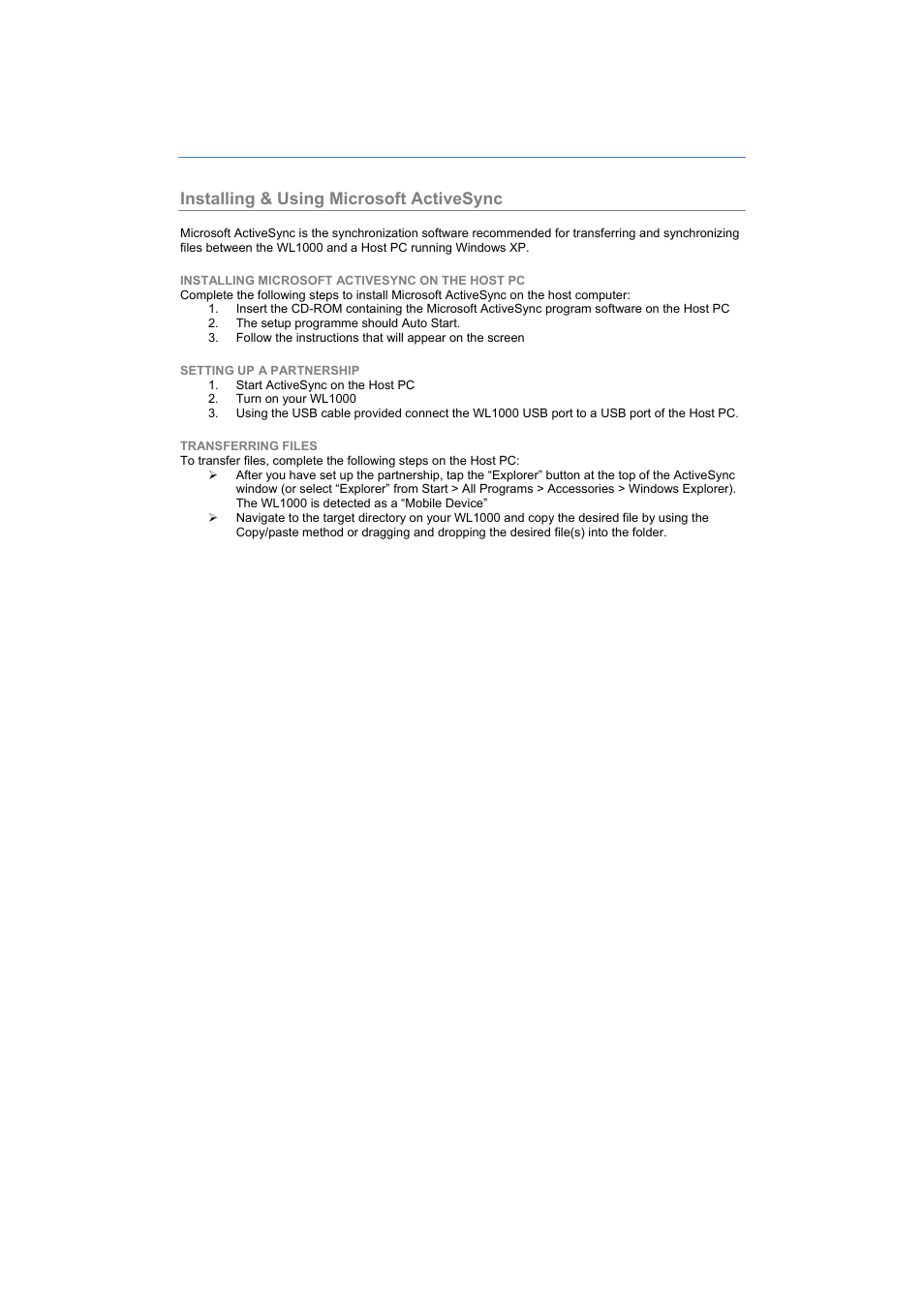 Synchronization, Installing & using microsoft activesync, Chapter 4 | Installing microsoft activesync on the host pc, Setting up a partnership, Transferring files | Eurotech Appliances WL1000 User Manual | Page 37 / 49