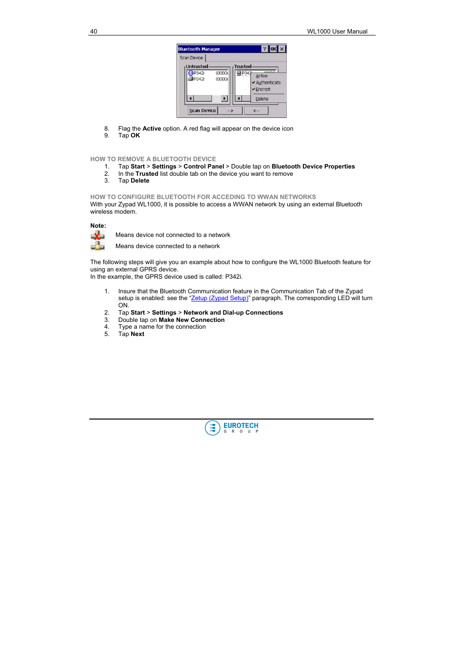 How to remove a bluetooth device | Eurotech Appliances WL1000 User Manual | Page 40 / 49