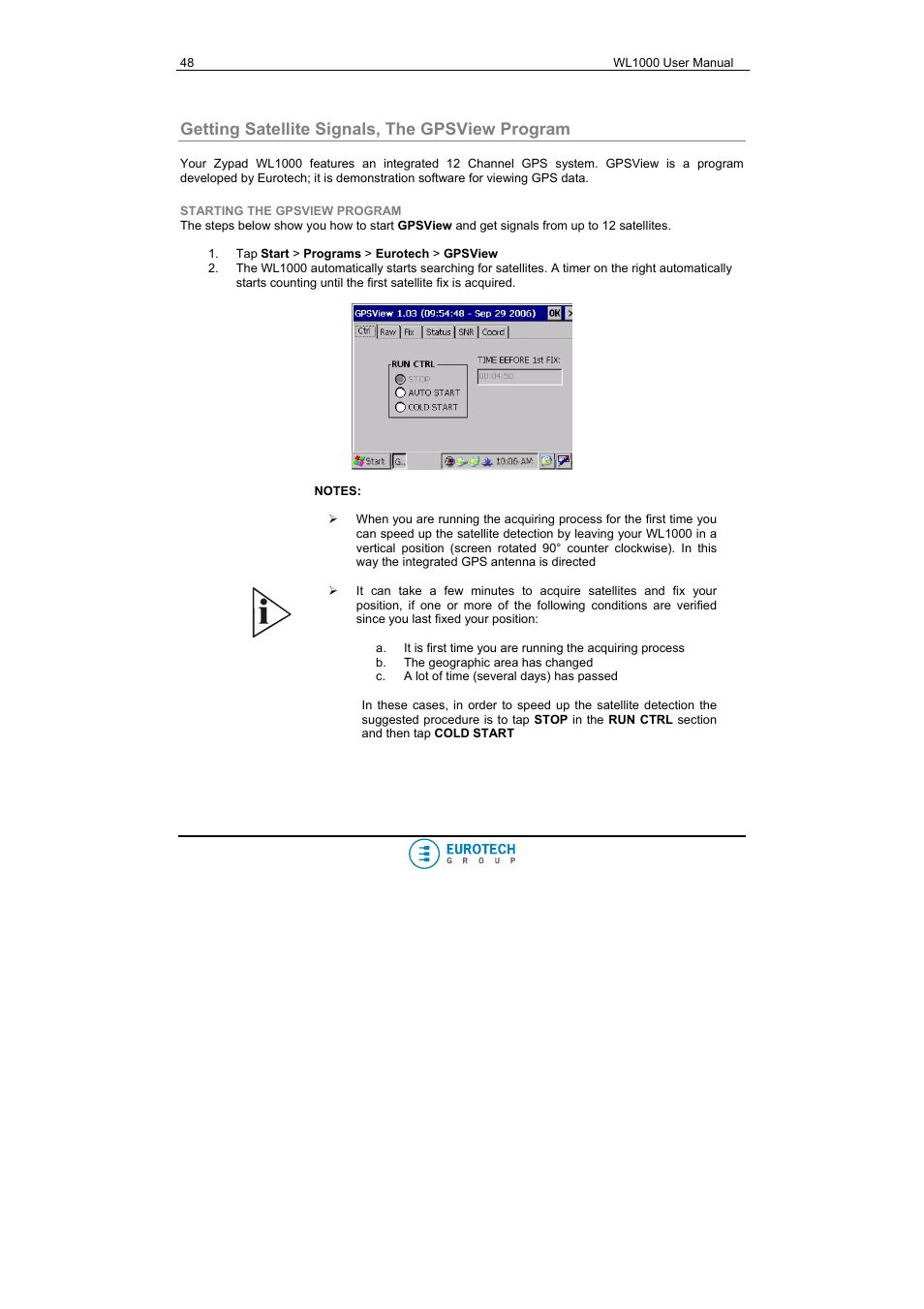 Getting satellite signals, the gpsview program, Starting the gpsview program | Eurotech Appliances WL1000 User Manual | Page 48 / 49