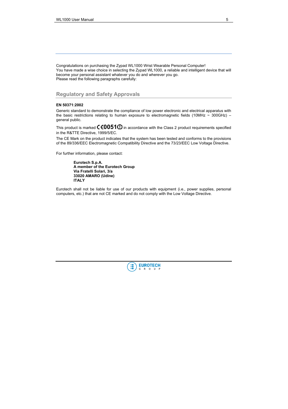 Introduction, Regulatory and safety approvals, Chapter 1 | Eurotech Appliances WL1000 User Manual | Page 5 / 49