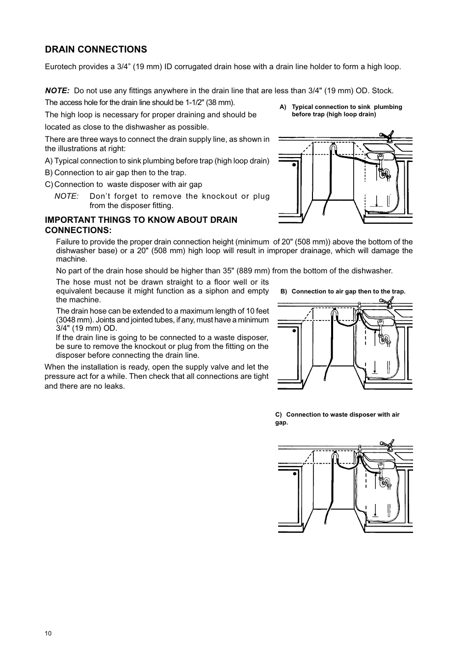 Drain connections | Eurotech Appliances EDW274E User Manual | Page 10 / 36