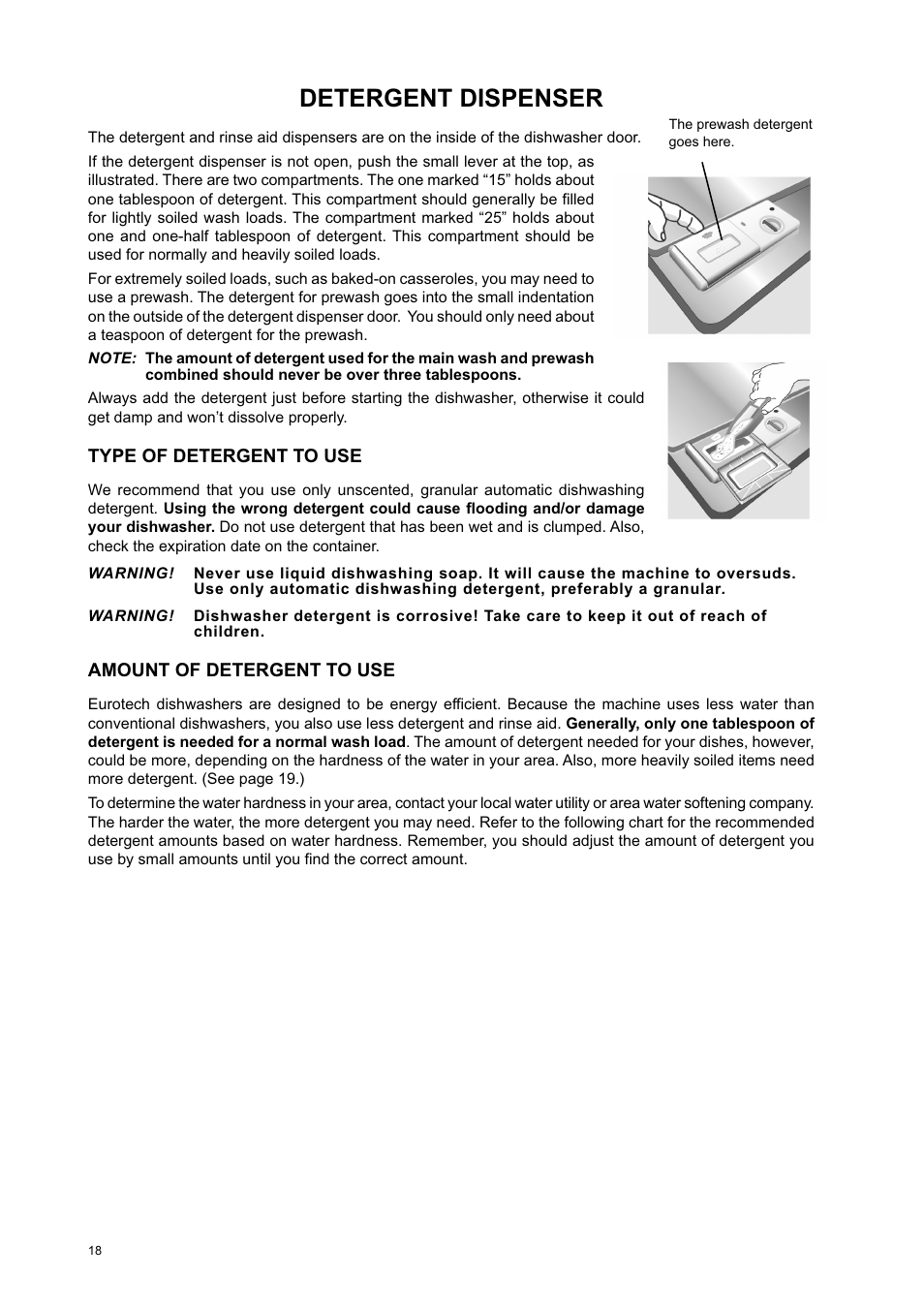 Detergent dispenser | Eurotech Appliances EDW274E User Manual | Page 18 / 36