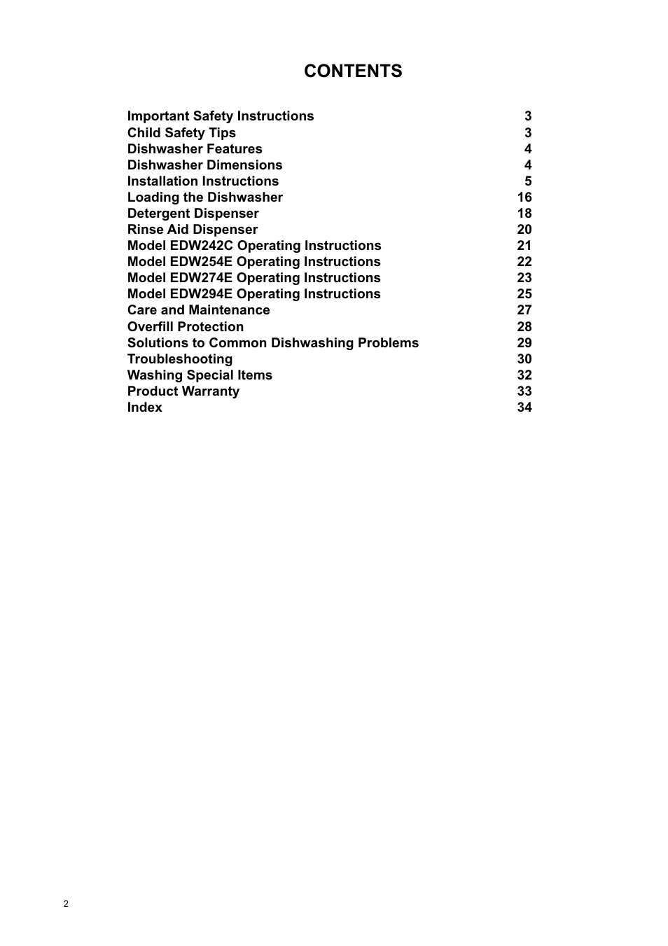Eurotech Appliances EDW274E User Manual | Page 2 / 36