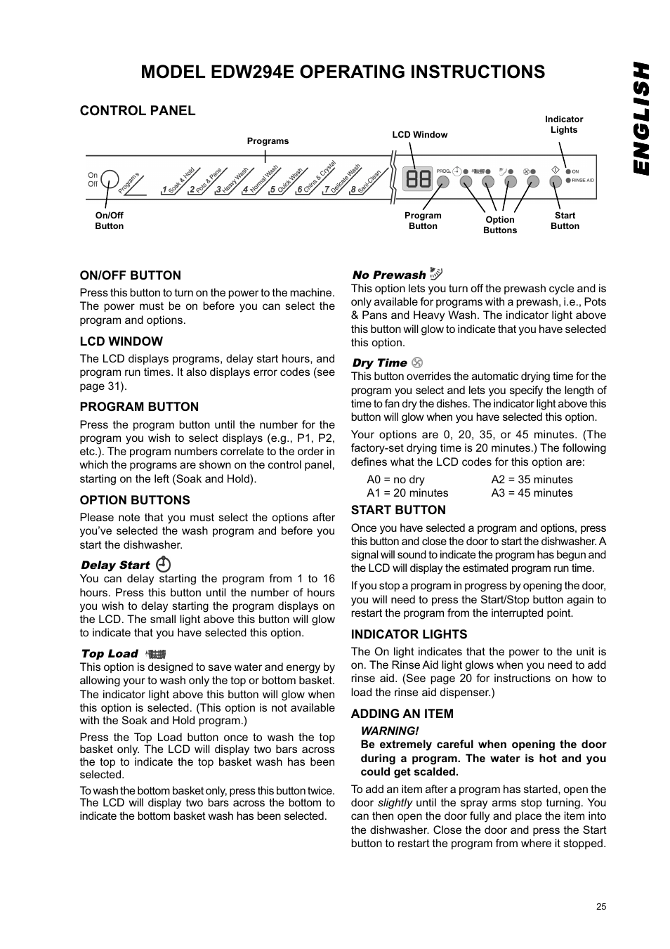 Englishenglishenglishenglishenglish, Model edw294e operating instructions | Eurotech Appliances EDW274E User Manual | Page 25 / 36