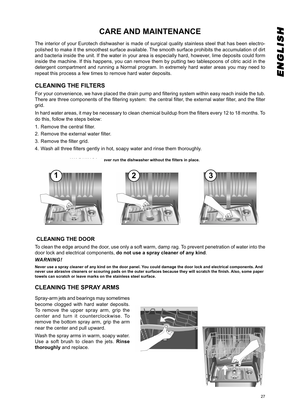 Englishenglishenglishenglishenglish, Care and maintenance | Eurotech Appliances EDW274E User Manual | Page 27 / 36