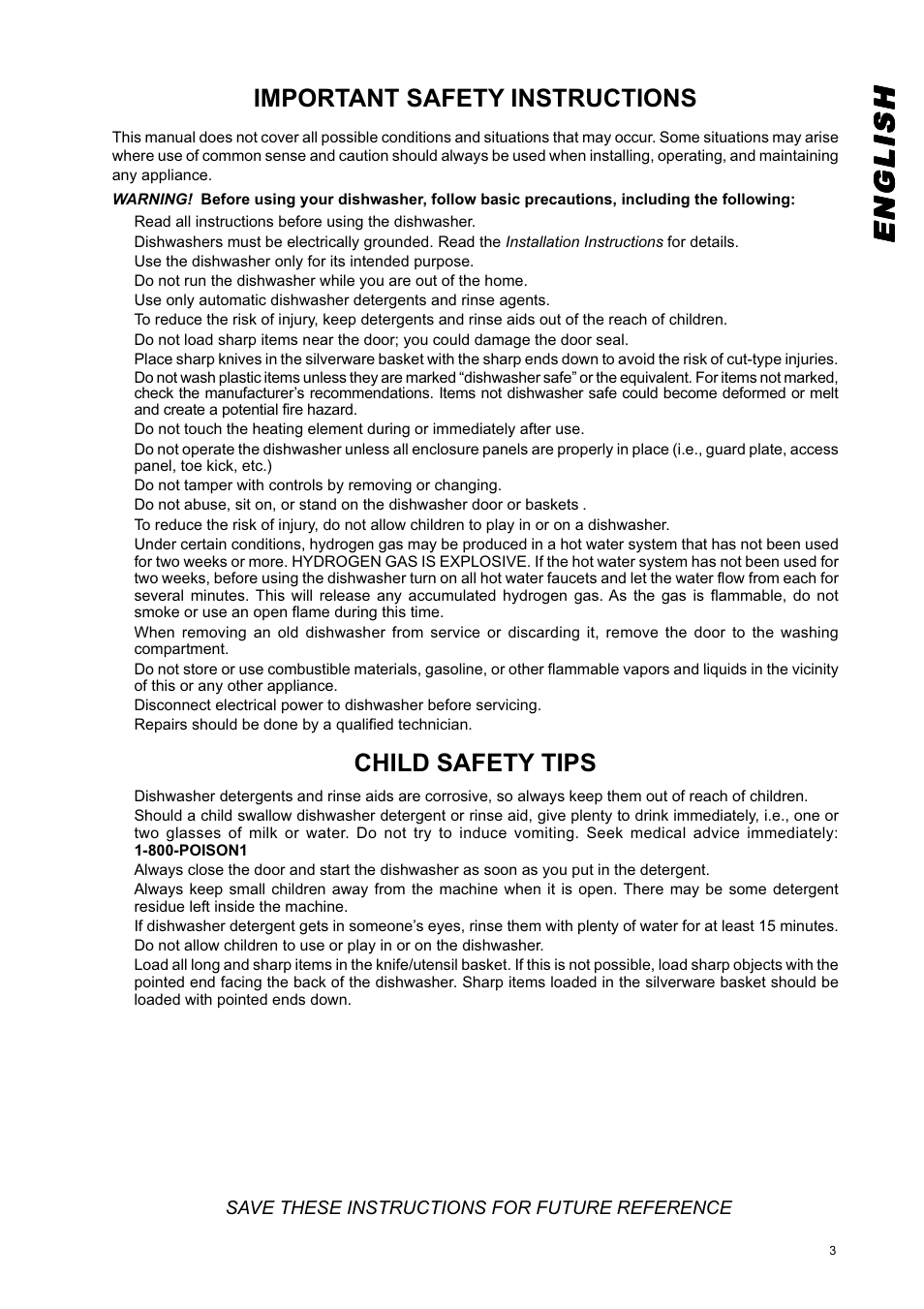 Englishenglishenglishenglishenglish, Important safety instructions, Child safety tips | Eurotech Appliances EDW274E User Manual | Page 3 / 36